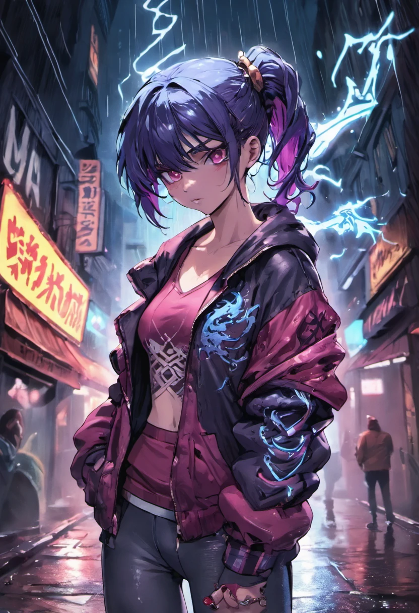 (Extremamente detalhado, melhor qualidade)fotografia de close-up, jovem mulher cyberpunk confiante com cabelos brancos cm mechas azuis e um coque, usando uma camisa da nike branca com desenhos vermelhos e azuis,with a dragon tattoo on his chest ,on a rain-soaked street at night, fotorrealista, Cinematic lighting