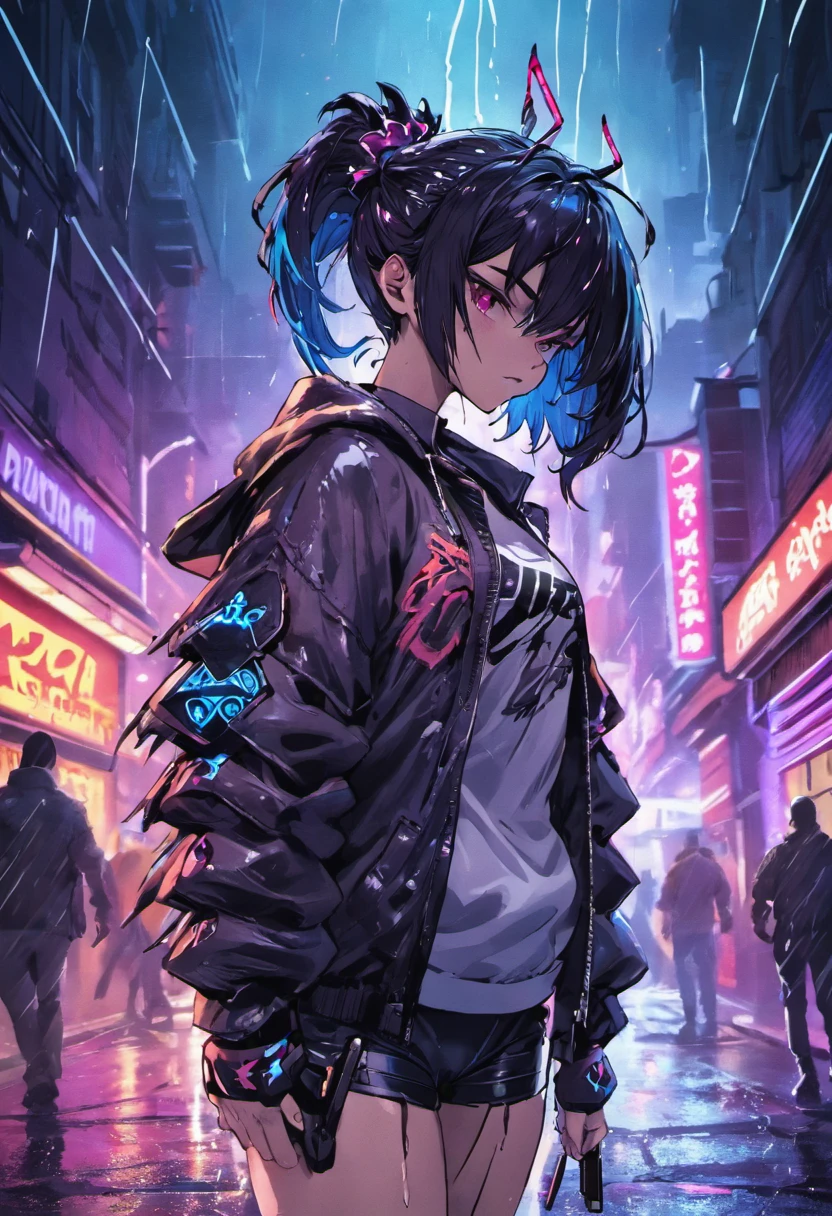 (Extremamente detalhado, melhor qualidade)fotografia de close-up, jovem mulher cyberpunk confiante com cabelos brancos cm mechas azuis e um coque, usando uma camisa da nike branca com desenhos vermelhos e azuis,with a dragon tattoo on his chest ,on a rain-soaked street at night, fotorrealista, Cinematic lighting