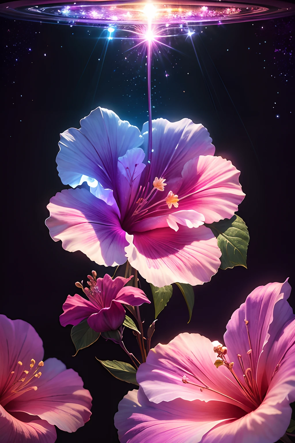 crystal blossom hibiscus flower,
fantasy, galaxy, transparent, 
shimmering, sparkling, splendid, colorful, 
magical photography, dramatic lighting, photo realism, ultra-detailed, 4k, Depth of field, High-resolution