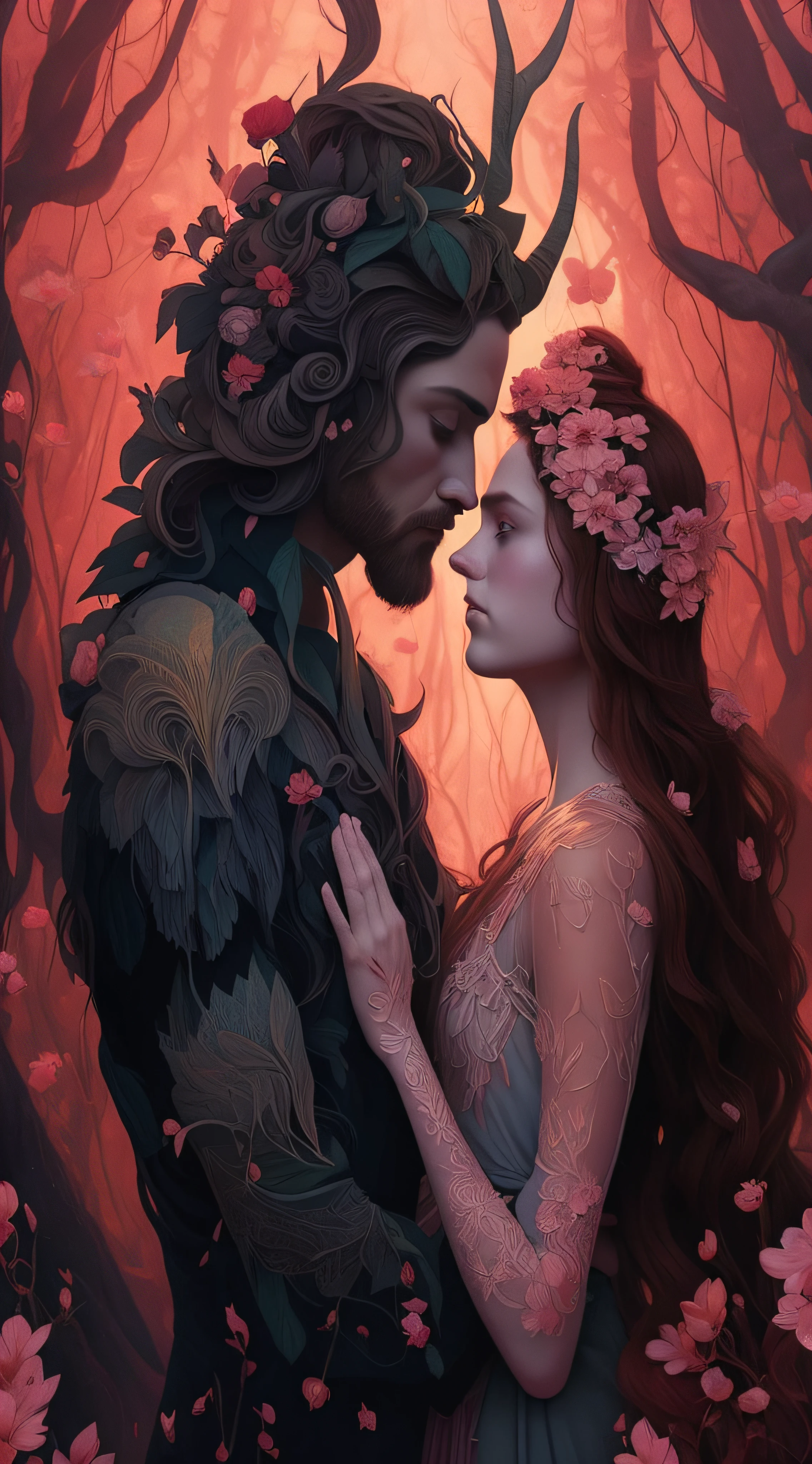 a painting of a man and woman in a forest with flowers, jen bartel, charlie bowater and tom bagshaw, artgerm and james jean, by tom bagshaw and boris vallejo, artgerm and tom bagshaw, donato giancola and tom bagshaw, martin ansin, tom bagshaw donato giancola