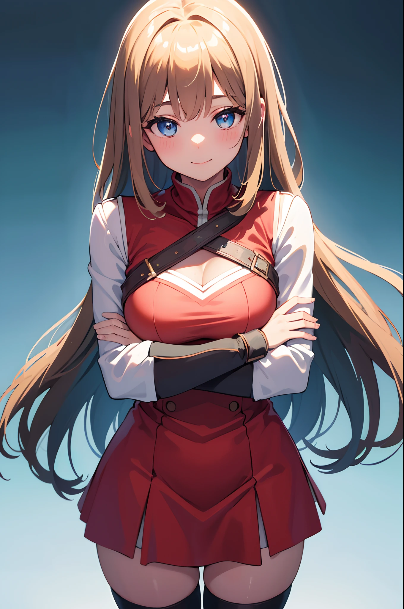 (((masterpiece))), 4k res, highly detailed, (((extremely detailed eyes))), detailed background, cinematic lighting, crystal clear eyes, high quality, highres, ultra-detailed, 8k, best quality, 1girl, solo, shadow, backlighting, light particles, Thick Eyelashes, Wide Sleeve, thick thighs, (masterpiece:1.3), (the best quality:1.2), (super fine illustrations:1.2), (Masterpiece), high quality, high detail,(SOLO:1.4),((round image)), 1girl, smile, blush, closed mouth, thick, medium breasts, from above, fingerless gloves, thick thighs, cowboy shot, crossed arms,