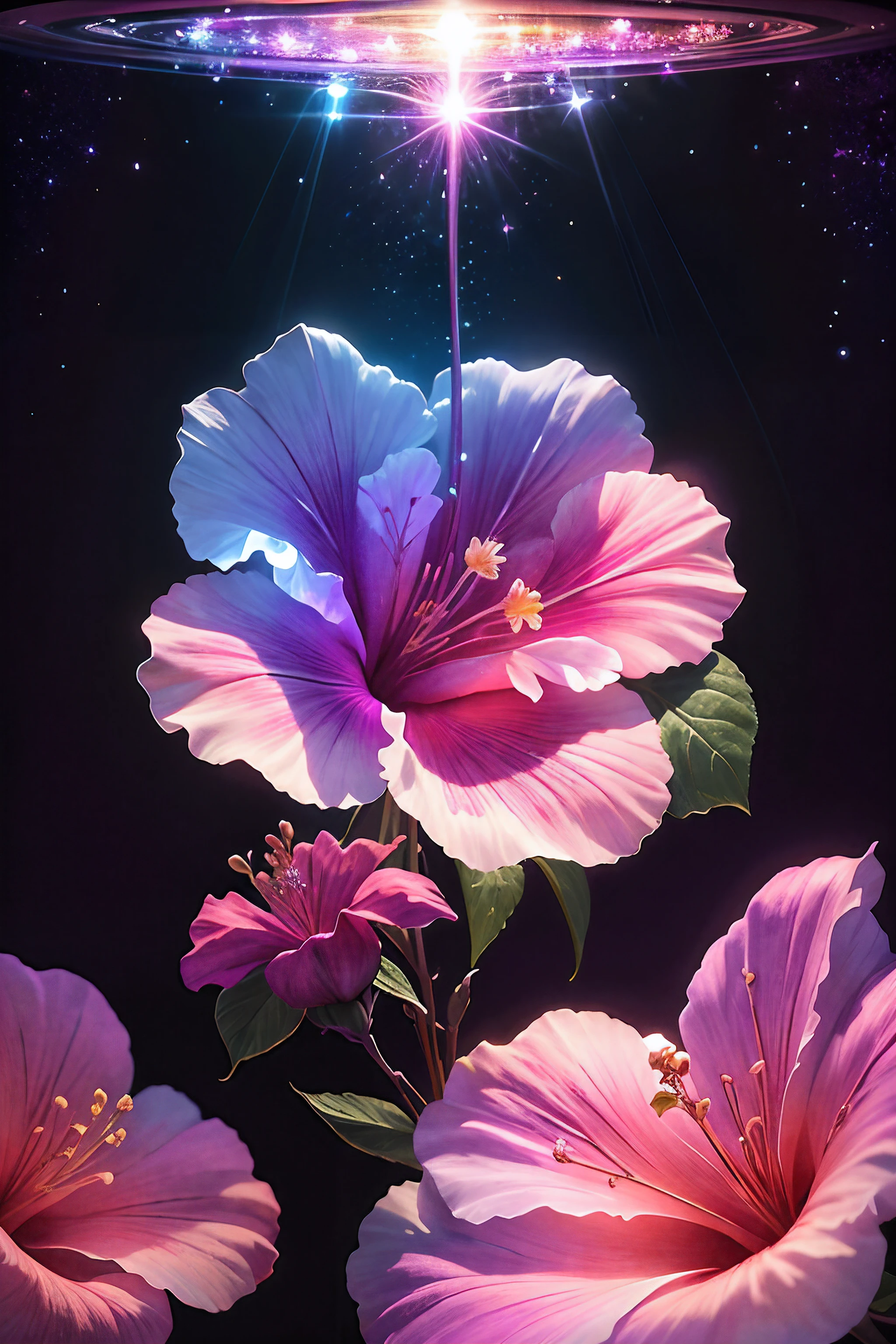 crystal blossom hibiscus flower,
fantasy, galaxy, transparent, 
shimmering, sparkling, splendid, colorful, 
magical photography, dramatic lighting, photo realism, ultra-detailed, 4k, Depth of field, High-resolution
