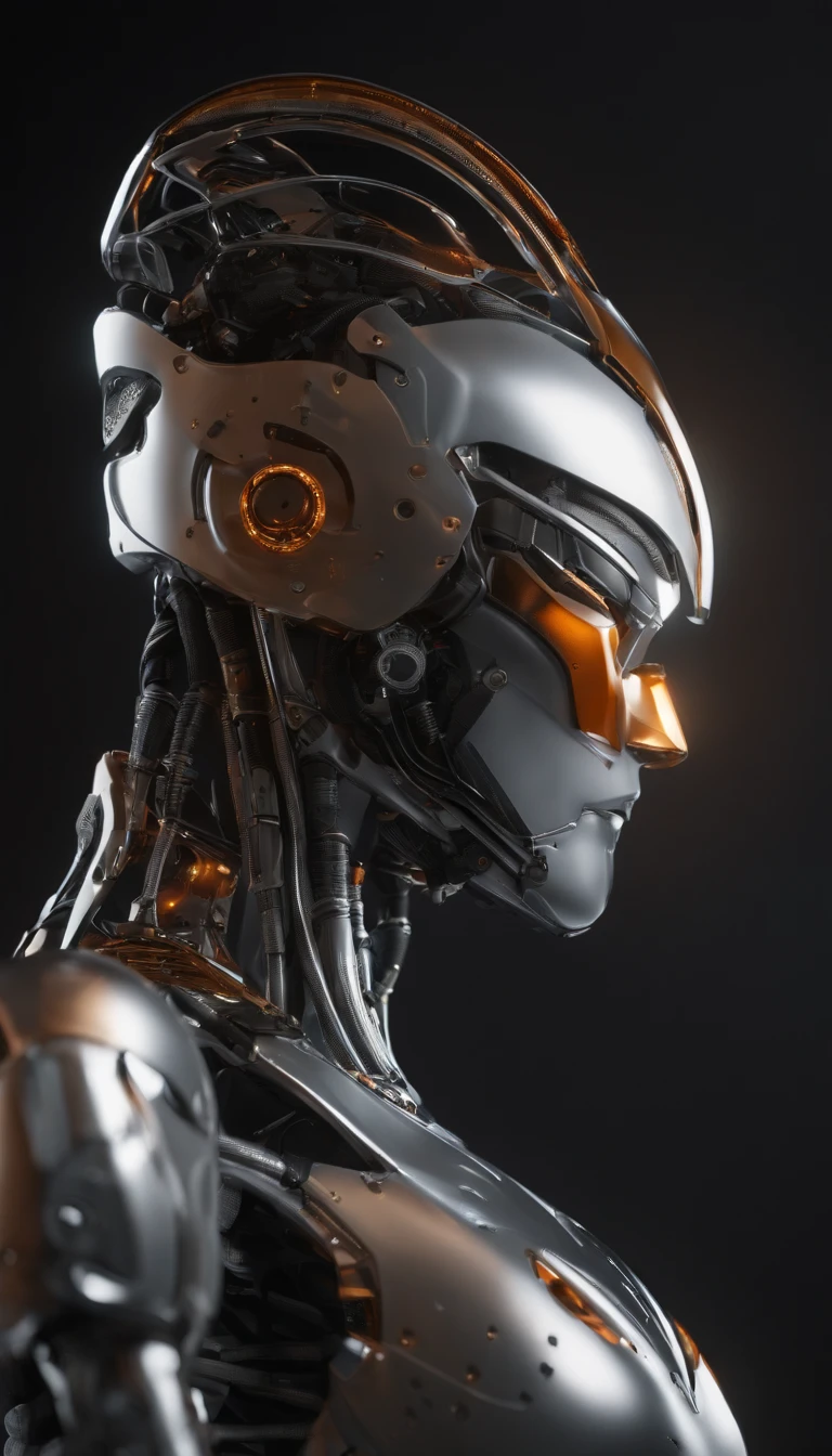 Minimalism, minimal Award winning luxury humanoid robot, hi - tech synthetic bio ethereal metal and orange titanium material, award winning photo, on dark background, dark palette ergonomic photography, incredibly detailed, sharpen details, cinematic production still, cinematography, photorealistic, modern composition, Unreal Engine, Cinematic, Color Grading, portrait photography, Ultra - Wide Angle, Depth of Field, hyper - detailed, beautifully coloured, insane detail, intricate detail, beautifully coloured, Unreal Engine, Cinematic, Colour Grading, Editorial Photography, Photography, Photo Shoot, Depth of Field, DOF, Tilt Blur, White Balance, Super Resolution, Megapixel, ProPhoto RGB, VR, Half Moon Lighting, Backlighting, Natural Lighting, Incandescent, Fiber Optic, Mood Lighting, Cinematic Lighting, Studio Lighting, Soft Lighting, Volumetric, Contre - Jour, Beautiful Lighting, Accent Lighting, Global Illumination, Global Illumination, Global Illumination in Screen Space, Global Illumination by Ray Tracing, Optics, Dispersion, Brightness, Shadows, Roughness, Glare, Ray Tracing Reflections, Lumen Reflections, Reflections in Screen Space, Diffraction Gradation, Chromatic Aberration, GB Displacement, Scan Lines, Ray Tracing, Ray Tracing Ambient Occlusion, Anti - Aliasing, FKAA, TXAA, RTX, SSAO, Shaders, OpenGL - Shaders, GLSL - Shaders, Post Processing, Post - Production, Cel Shading, Tone Mapping, CGI, VFX, SFX, insanely detailed and intricate, hyper - maximalist, elegant, hyper realistic, super detailed, dynamic pose, photography, ultrarealistic render, ergonomic, trompe l'oeil