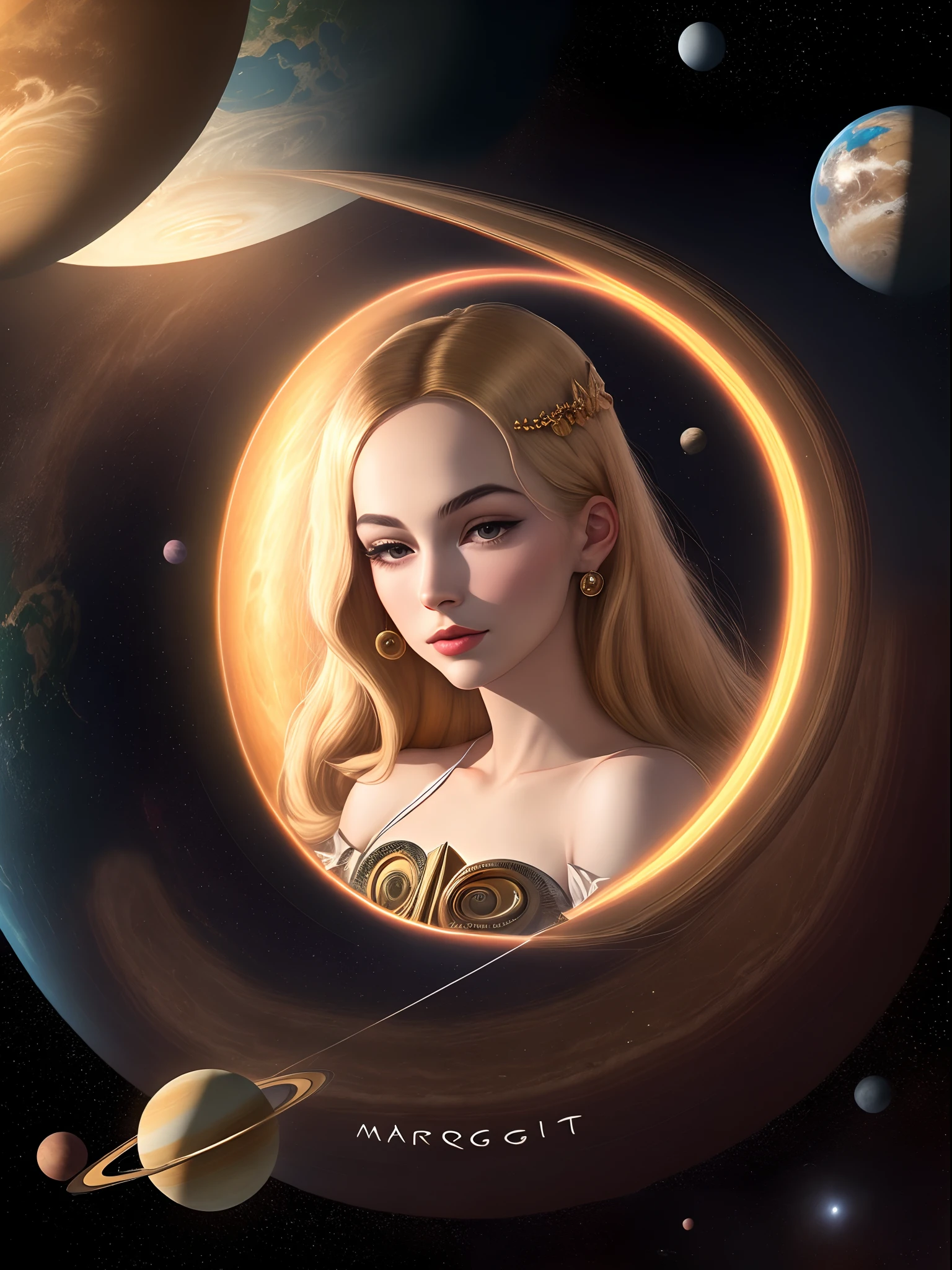 Write the name Margot beautifully with the O being a depiction of the planet Saturn.