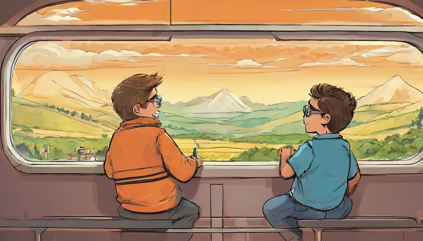 Two s,They sat together on the train,One wears glasses,A chubby one,Laughed happily,Sit on the same side and watch the view,Outside the train window, there are large areas of mountains and fields