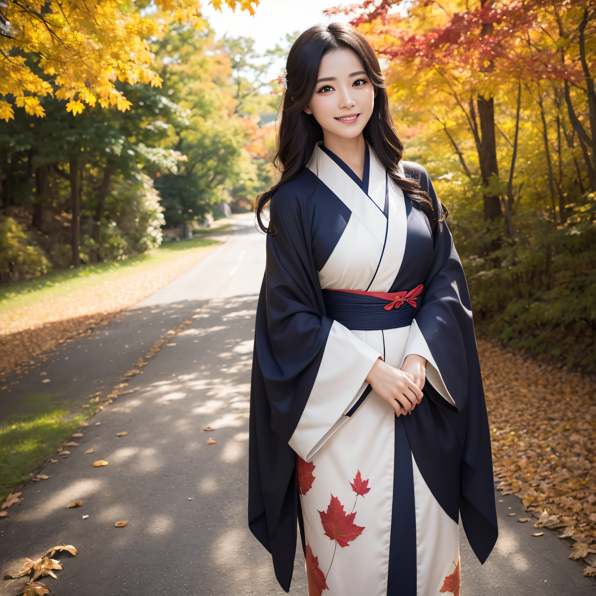 (Super beautiful woman in kimono)、((best qualtiy、8k masterpieces:1.3))、foco nítido:1.2、(ultra beautiful faces:1.0)、(shinny skin:1.0)、photos realistic、A dark-haired、Video Lighting、High-definition eyes and face、Video Lighting、Japanese actressl、from the front side、medium breasts、With a happy smile、wearing kimonos、Under the autumn leaves、