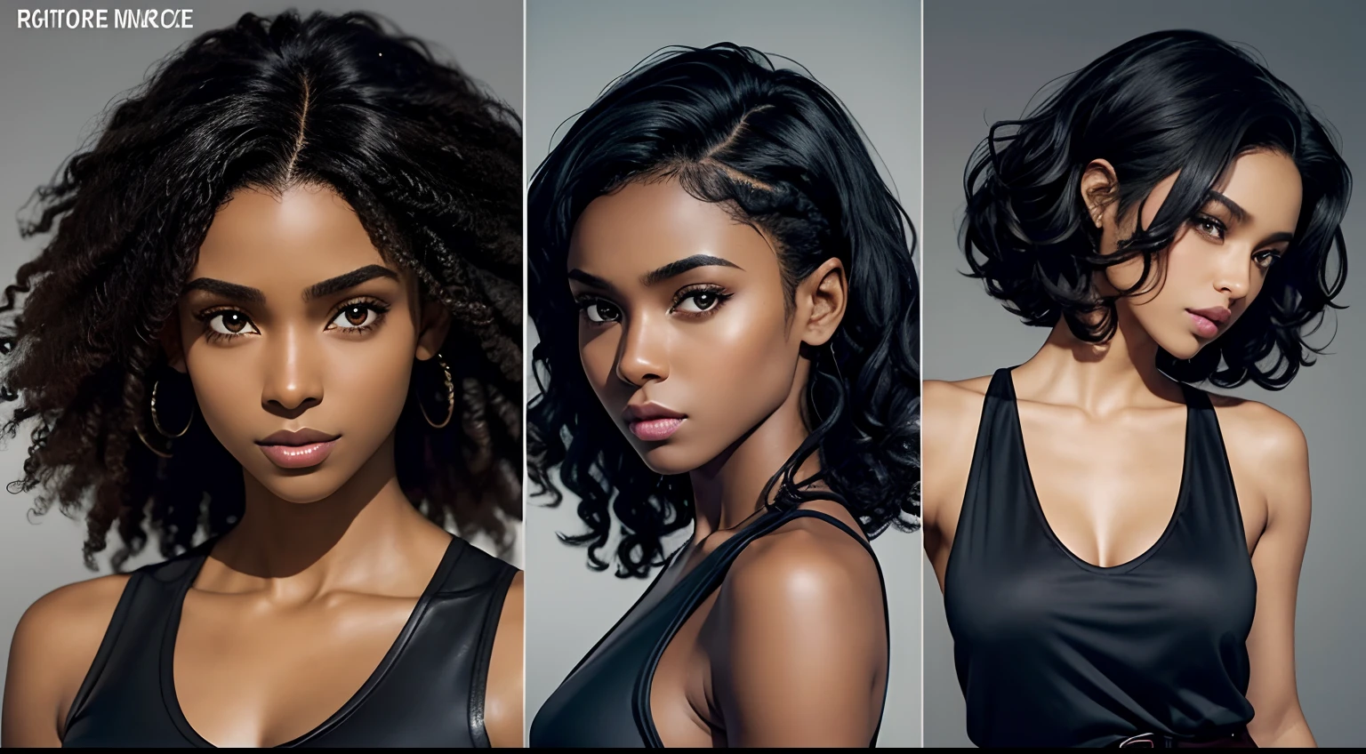 rpg expression sheet, a photorealistic style character turn around of dark skin ebony sultry slender 30 yo woman look like Janice Griffith with pixie small curly hair, wearing sleeveless fabrice spy fiction jump suit wear gear belt, highly detailed face, Multiple views of the same character in ((same outfit, same style, same hair style)), sad agony expression, dynamic eyes, imperfection skin, realistic hair texture, natural make up, darken armpit, background: gray wall, medium shot:1.5