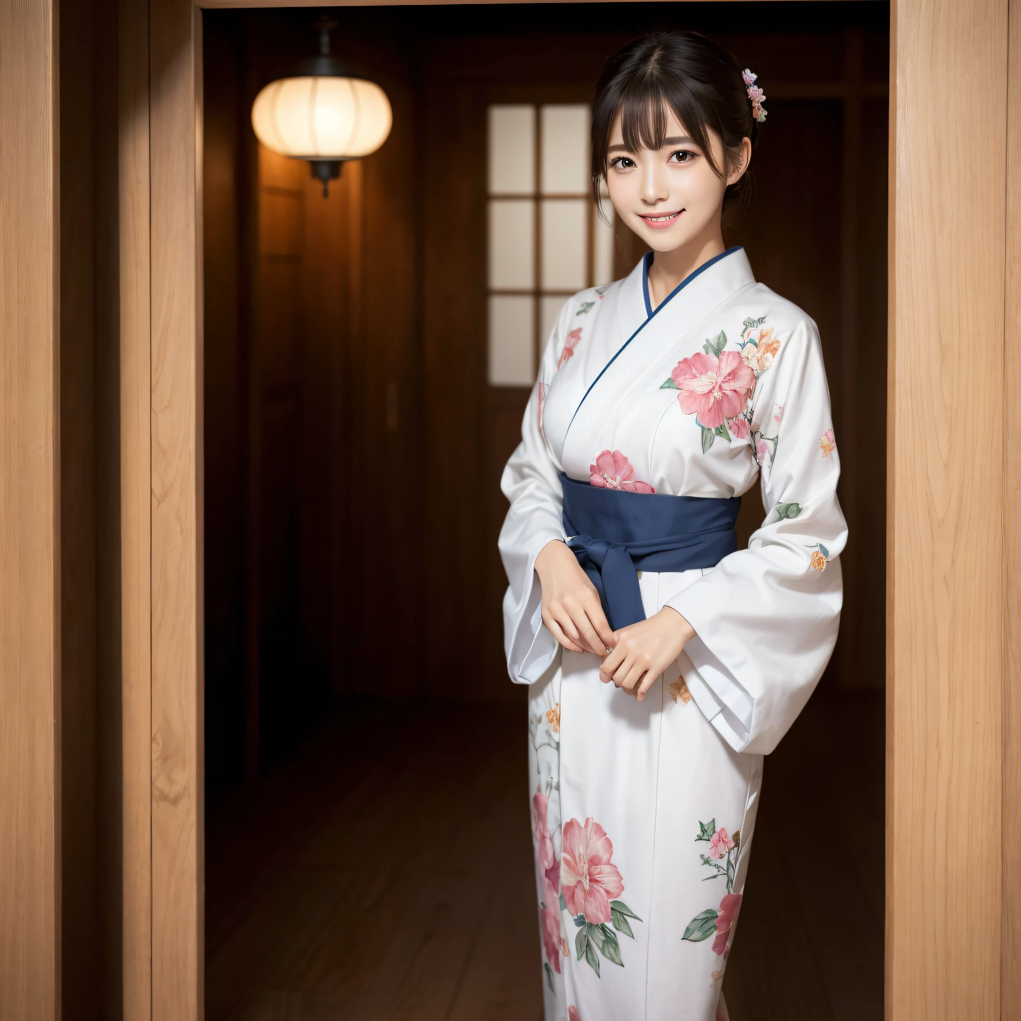 Beautiful woman in neat Japanese clothes、((best qualtiy、8k masterpieces:1.3))、foco nítido:1.2、(ultra beautiful faces:1.0)、(shinny skin:1.0)、photos realistic、A dark-haired、Video Lighting、High-definition eyes and face、Video Lighting、Japan Idol Actress、from the front side、medium breasts、Smile、Slender Abs Beauty、Whole body、In furisode