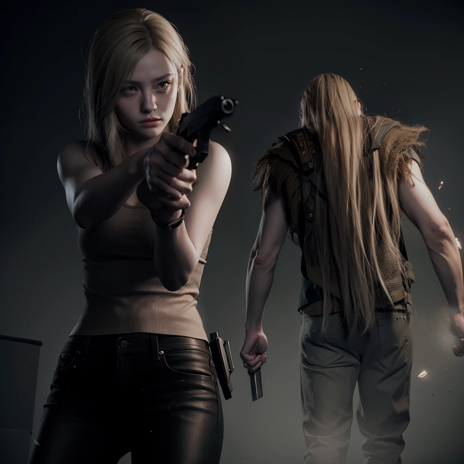 Best quality, photorealistic , long blonde hair, white tanktop, brown tight Jeans, holding a weapon, glare expression, by unreal engine