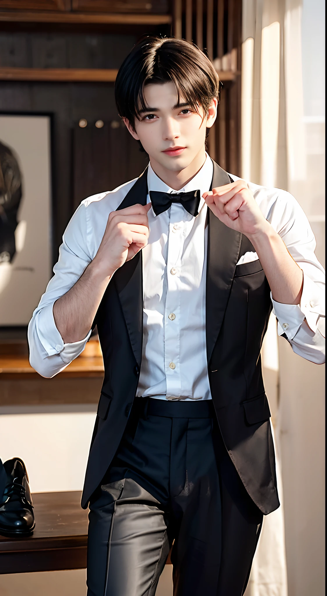 (handsome man), handsome muscular waiter of the prestigious restaurant, mischievous smile, (high detail:1 1), Natural muscle、highly quality、beautiful eye、(detailed face and eyes)、(faceless:1 2)、noise、real photo、...PSD、sharp focus、high resolution 8k、Realistic and professional photos、8K UHD、soft lighting、highly quality、film grain、Fujifilm XT3