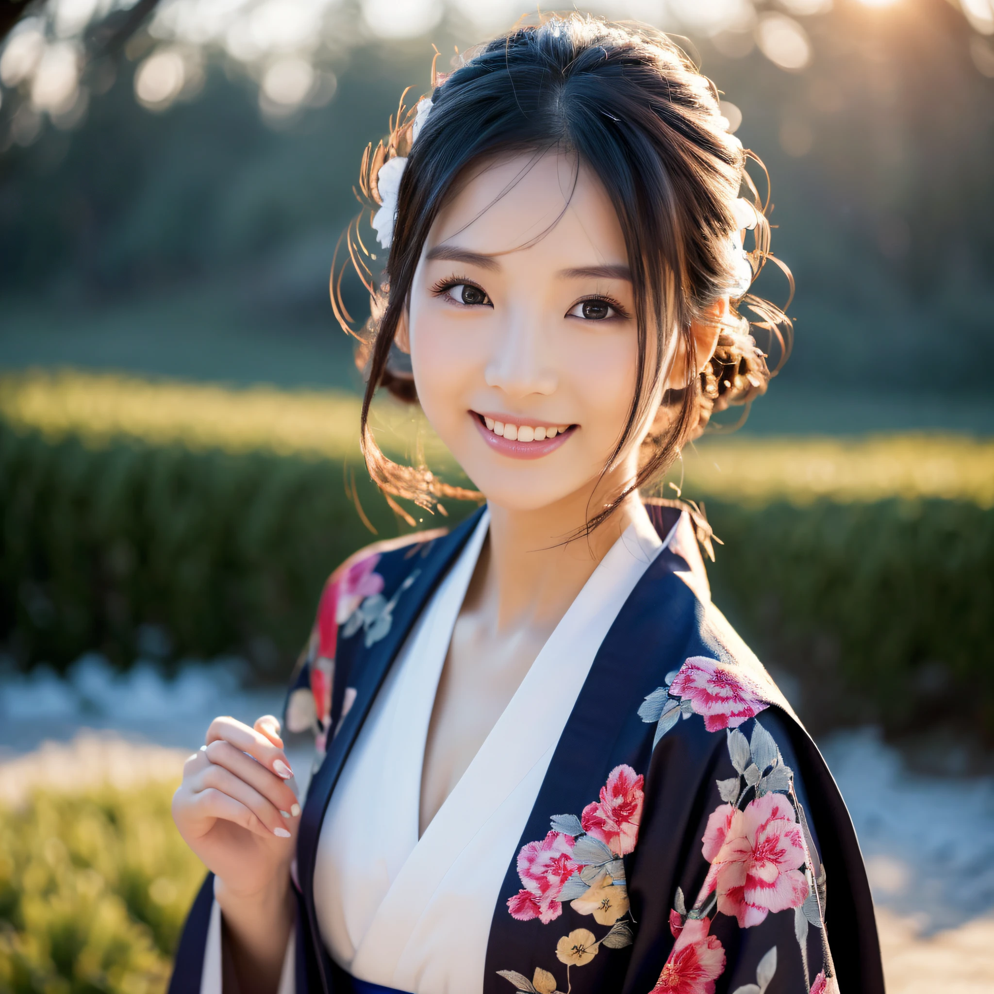 first person perspective, (masterpiece:1.3), High resolution, Super detailed, Highly detailed CG Unity 8K wallpaper, realistic, photo-realistic, RAW photo, (((cherry blossom pattern kimono,floral scrunchie))),beautiful detailed face, white skin japanese woman、20 year old female、realistic目、F Cup Big、beautiful and fine eyes、(real skin: 1.3)、cute smile、medium long hair、beautiful skin、, fine cloth texture, detailed hair texture, perfect body, beautiful face, Accurate, anatomically correct, Highly detailed face and skin texture, natural neck length, (beautiful hands), (Fair skin:1.2), aligned teeth, beautiful skin, Arrange your hands elegantly,The faintly smiling country of Japan,Japanese garden,luxury Japanese room,