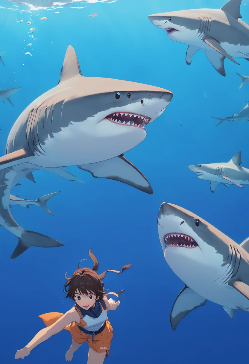 Tiger shark, vectorial, Quad view,Blue background image