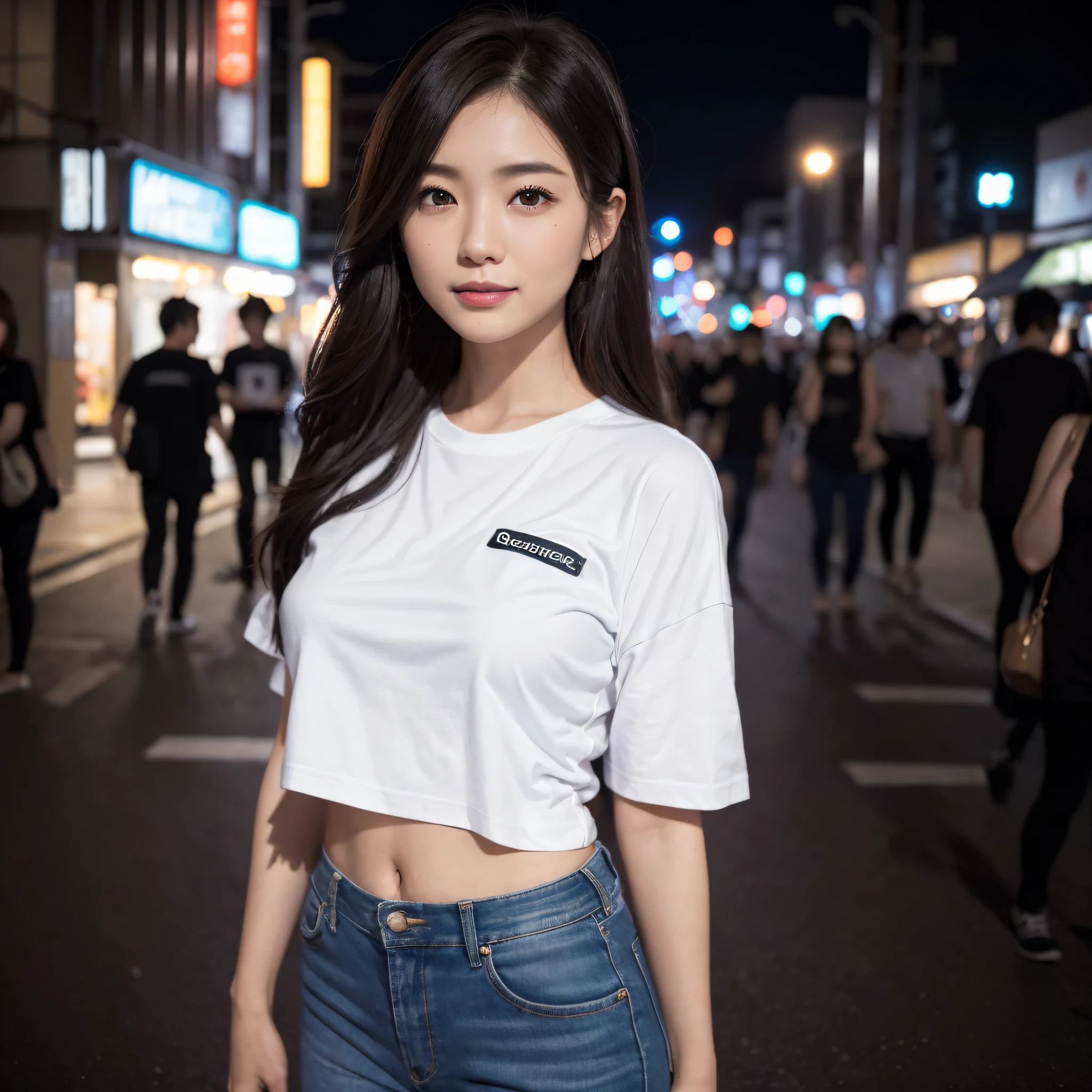 One lady、((best qualtiy、8k masterpieces:1.3))、foco nítido:1.2、(ultra beautiful faces:1.0)、(shinny skin:1.0)、photos realistic、A dark-haired、Video Lighting、High-definition eyes and face、Video Lighting、Japanese cute actress)、from the front side、medium breasts、Smile、Slender Abs Beauty、Whole body、wearing t-shirts、in tokyo at night