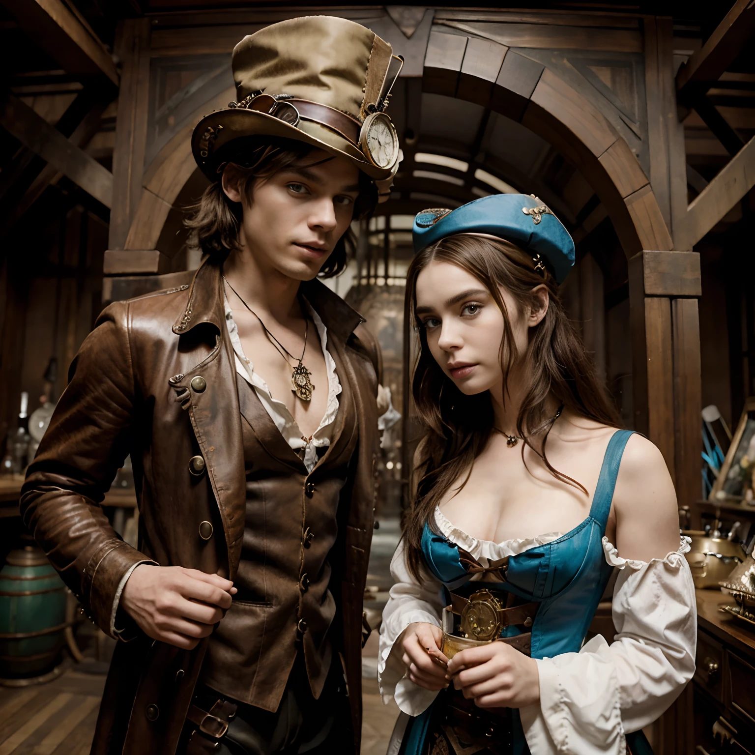 Dominic Sherwood as a steampunk mad hatter and Lily Collins as a steampunk Alice in wonderland