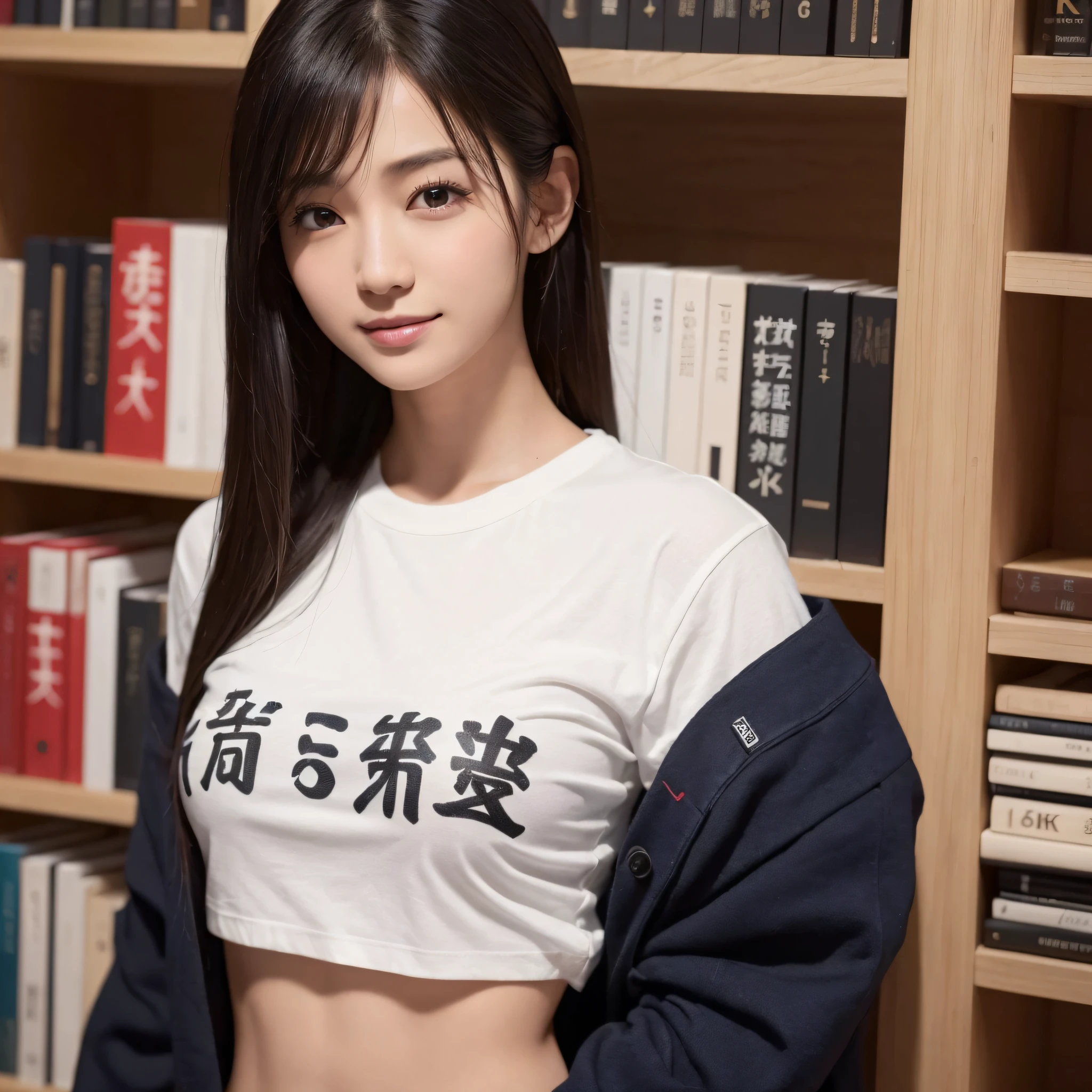 One beauty、((best qualtiy、8k masterpieces:1.3))、foco nítido:1.2、(ultra beautiful faces:1.0)、(shinny skin:1.0)、photos realistic、A dark-haired、Video Lighting、High-definition eyes and face、Video Lighting、Japan idle、from the front side、medium breasts、Smile、Slender Abs Beauty、Whole body、Wearing a T-shirt with Japan kanji written on it、at the library