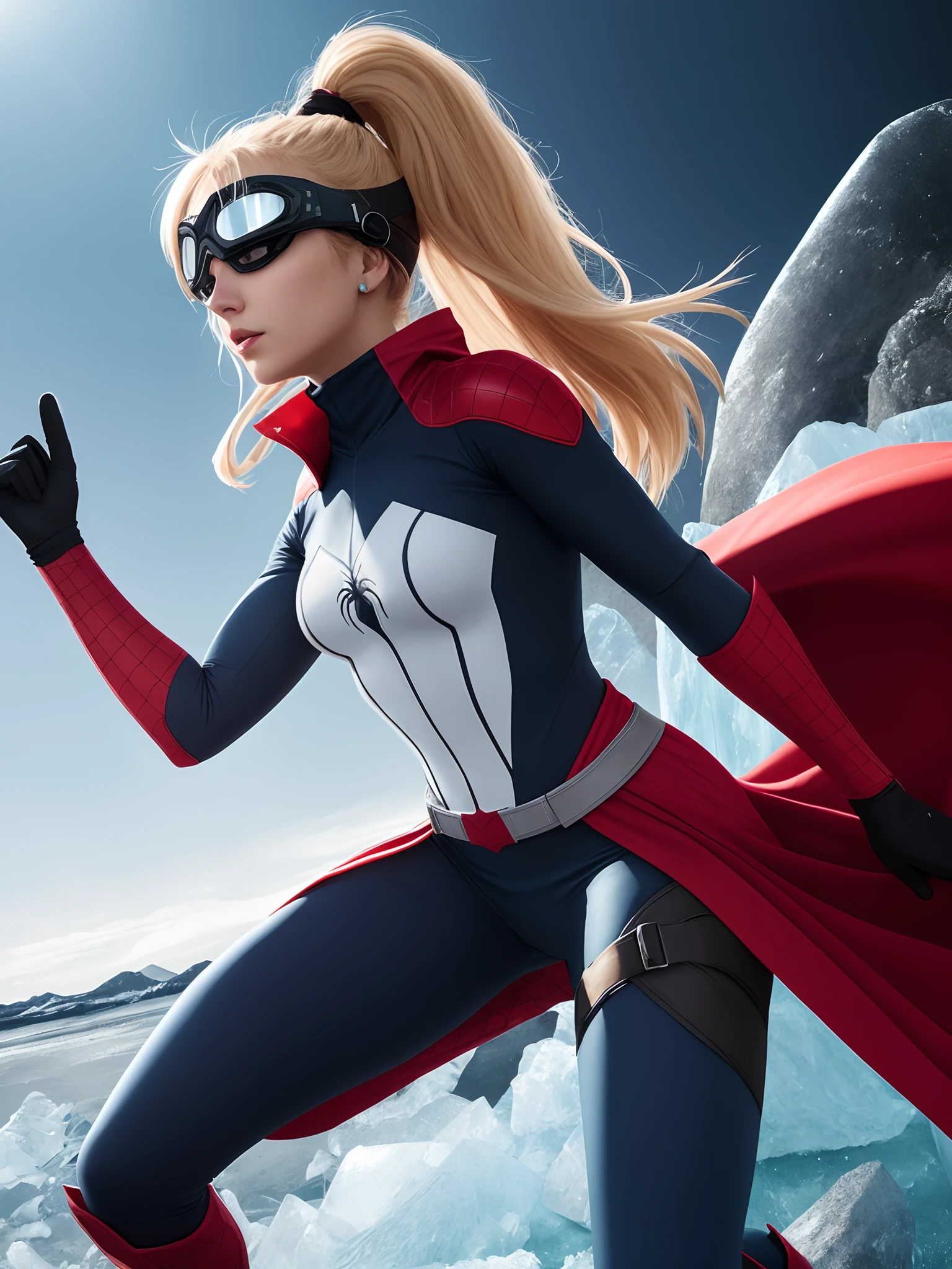 Sure, here is a design for a female hero with ice manipulation and spider-woman quirks:
The hero's costume consists of a sleek, form-fitting suit made of a high-tech, moisture-resistant material that helps her control and manipulate ice. The material is light and flexible, allowing for easy movement while also providing protection from the elements. The suit includes a utility belt with storage compartments for ice-related gear, such as a frozen blade or a spray-on ice coating.
To complement her ice powers, the hero's costume also incorporates spider-woman elements, such as a web-themed pattern that runs throughout the suit. This pattern can glow in the dark, adding an eye-catching touch to the hero's appearance. The hero's mask includes a spider-like design, further strengthening the spider theme. The mask also doubles as a set of goggles, protecting the hero's eyes from airborne pollutants and helping her see more clearly in dark or icy environments.
Overall, this costume strikes a balance between function and style, allowing the hero to effectively use her powers while also making a bold visual statement.
make the colors of the costume white and light blue, with dark blue details. make it in a ‚my hero academia‘ anime style.