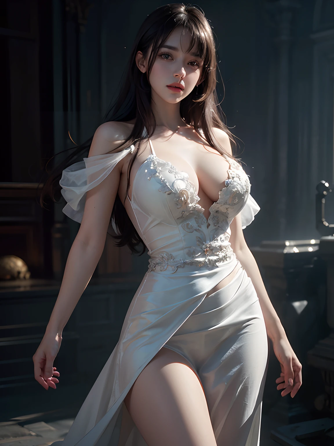 1 beautiful girl, long white-haired with bangs, cute and timid, intricate ornaments, big breasts, white thighs, white dress, dynamic pose, realistic, looking at the camera,  grim surroundings, cinematic lighting, trending on ArtStation, by Irakli Nadar, Greg Rutkowski，(((best quality))),(((ultra detailed))),(((masterpiece)))