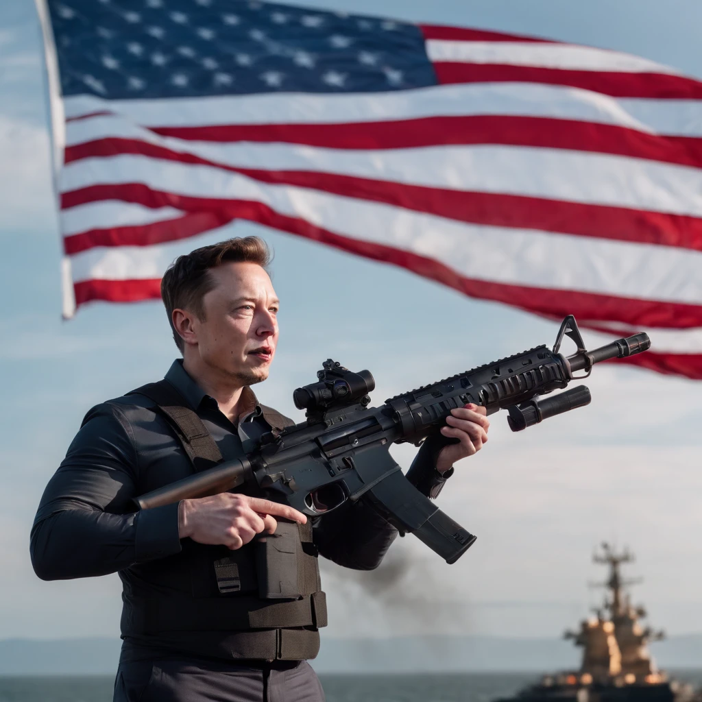 Elon Musk as US President holding an AR15 surrounded by battleships with jets and eagles flying overhead and a american flag background