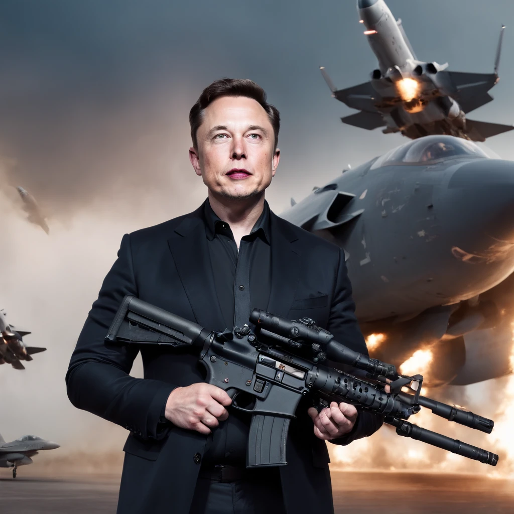 Elon Musk as US President holding an AR15 surrounded by battleships with jets and eagles flying overhead and a american flag background