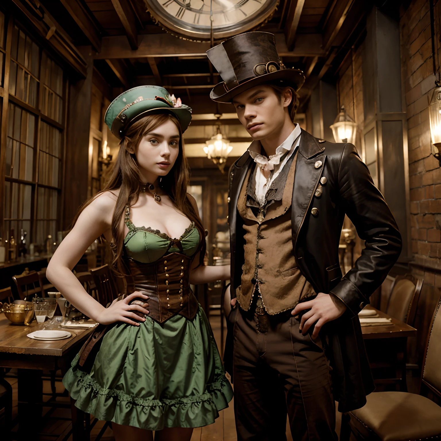 Dominic Sherwood as a steampunk mad hatter and Lily Collins as a steampunk Alice in wonderland