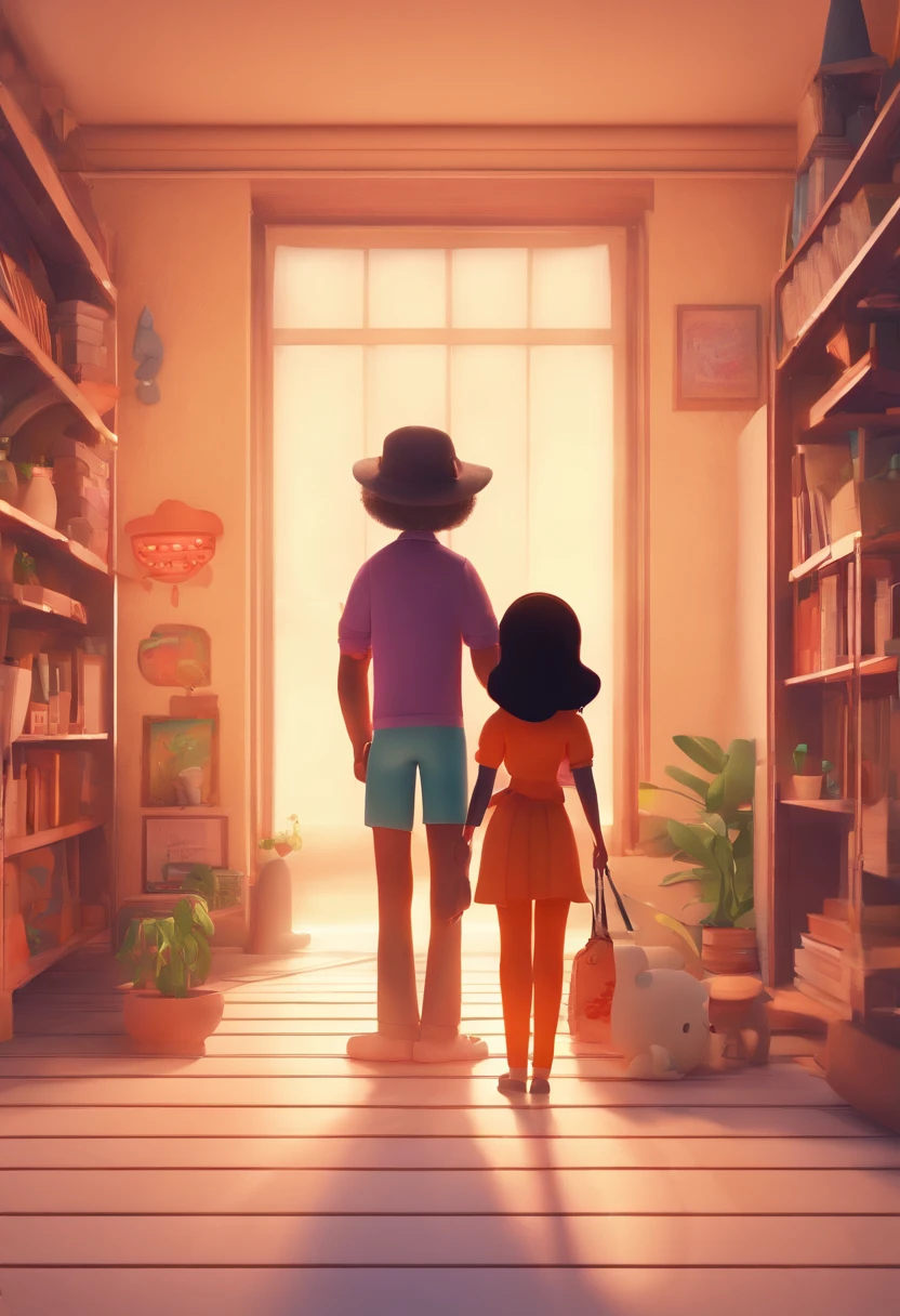 a 3D render illustration highlighting a man and a woman with cute, Expressive eyes - the man's skin is white and the man's hair is straight and black, while the woman's skin is black and the woman's hair is straight and brown. They're a bright room, cada um com um sorriso no rosto, e compartilhar um momento especial caracterizado pelo amor, riso, e insights educacionais. Illustrate this scene from a perspective where they are facing away from the camera, Showing Your Connection. Desenvolva esta arte em Full HD, Focusing on your cinematic touch, Disney Pixar Animations Style