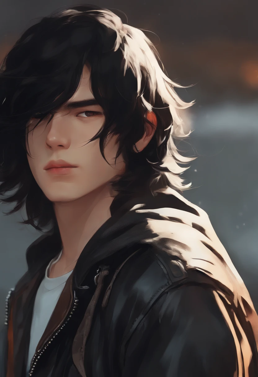 boy with a long black hair, face, black, minimalist, simple, clumsy, tired, leather jacket, studio ghibli