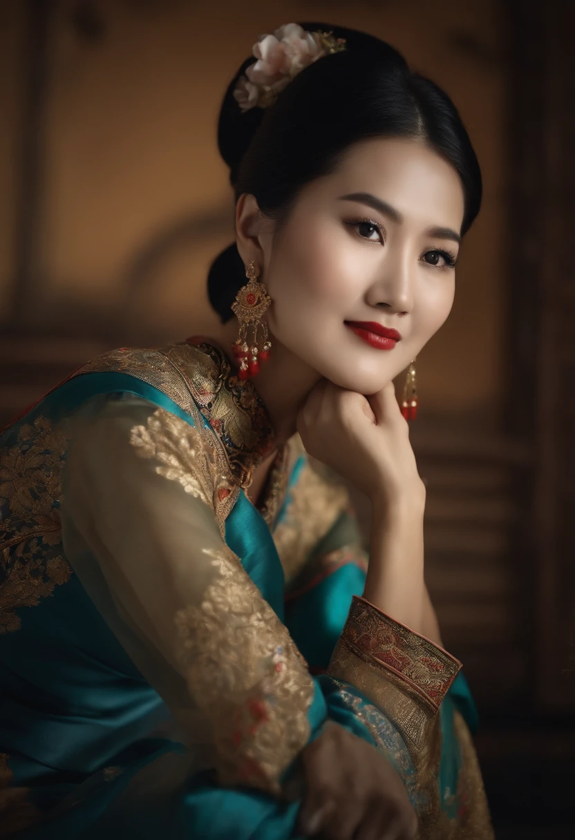 Asian woman in arafe in traditional dress posing for photo,