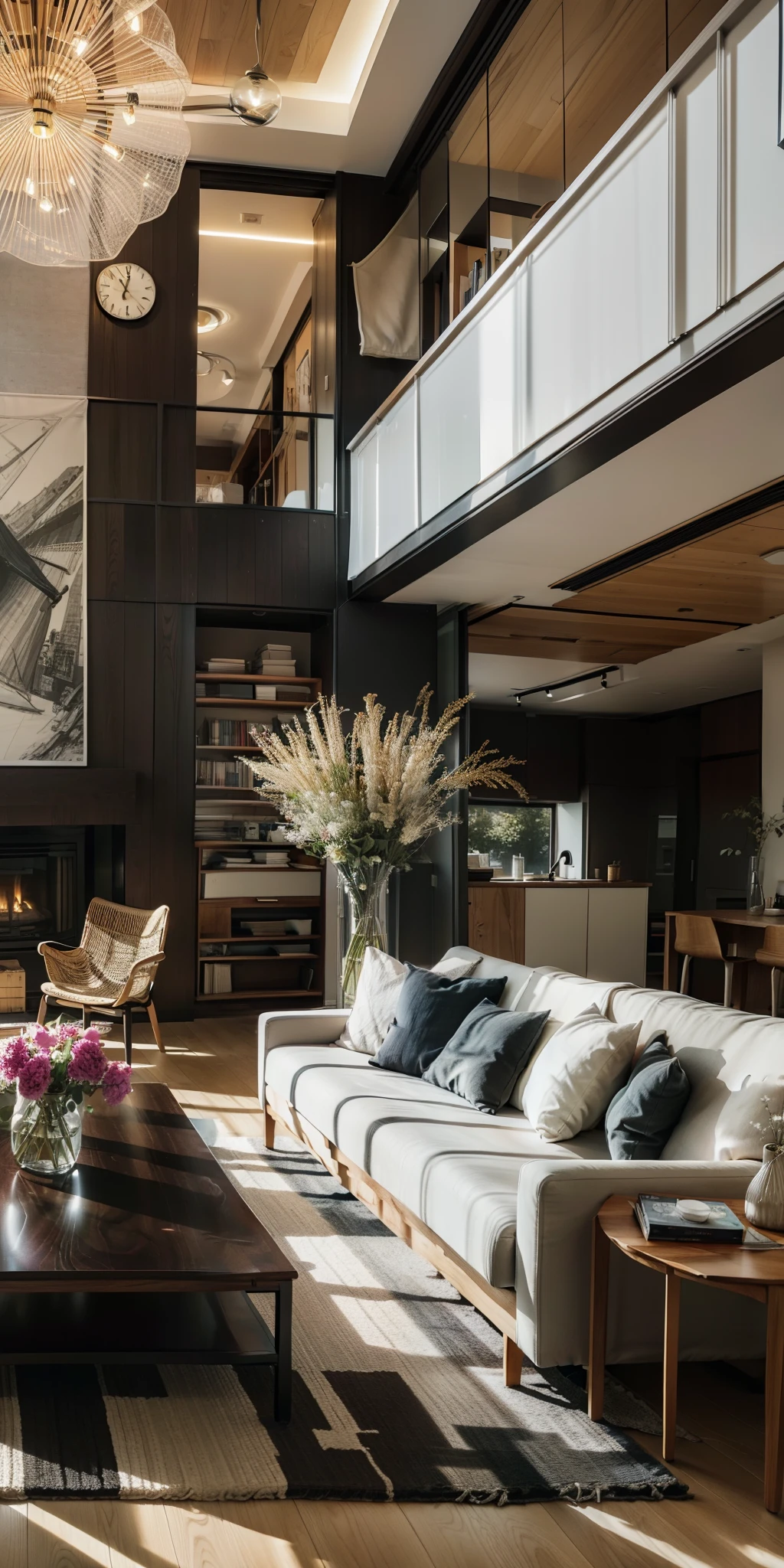 a sketch of a beautiful modern living room, (((foster and partners, artists impression, artistic impression, by Hamish MacDonald, by Carey Morris, by David Brewster, higher detailed illustration, by Helen Berman, an illustration, detailed illustration, by Nick Fudge, by Warren Mahy, artist's impression))), a kitchen cabinet behind the white sofa, with minimal pictures on the wall, linen curtain next to the classroom window, coffee table, modern wood, ceiling with magnetic emissive lighting, white fabric PRB textures, wooden floor PRB texture,