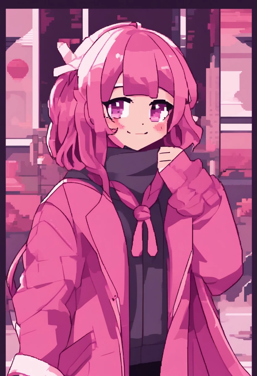 girl, pink hair, pink coat and scarf, dark pink aesthetic, happy expression