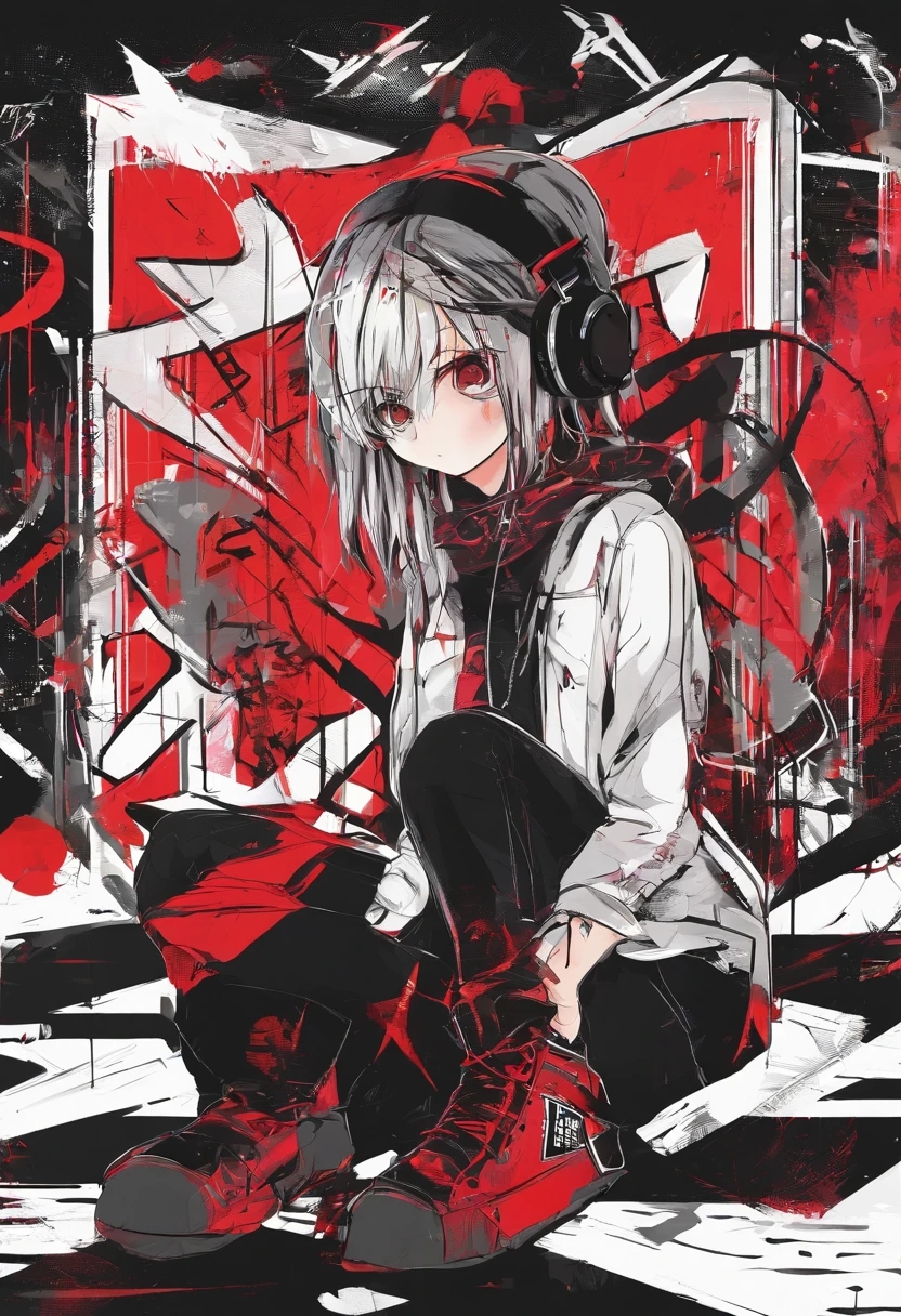 (Best quality,4K,A high resolution), An 18-year-old female，Drum，drummer, Drumming，Drumming，Red net hair on black hair, long whitr hair，hair straight，Cool woman，sharp eye,Cold eyes,Well-drawn illustrations，Realistic representation，Music studio background，Gothic Atmosphere，Visual kei，Oversized rock 'n' roll T-shirt，Positioning pin pin feel，red necklace，Tight pants，razor，Cross band