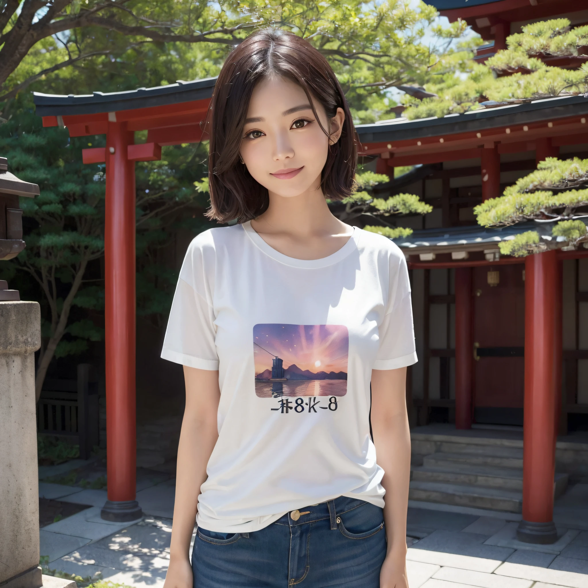 One beauty、((best qualtiy、8k masterpieces:1.3))、foco nítido:1.2、(ultra beautiful faces:1.0)、(shinny skin:1.0)、photos realistic、A dark-haired、Video Lighting、High-definition eyes and face、Video Lighting、25-year-old Japan actress、from the front side、medium breasts、Smile、Slender Abs Beauty、Whole body、Kanji for Japan「tenderness」Wearing a T-shirt、At the shrine