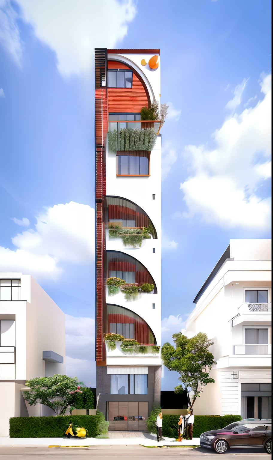rendering of a modern house with a car parked in front, a digital rendering inspired by Takeuchi Seihō, cg society contest winner, bauhaus, residential, wide angle exterior 2022, award-winning render, high quality rendering, architectural render, architectural rendering, a photorealistic rendering, arhitectural shot, luxcore render