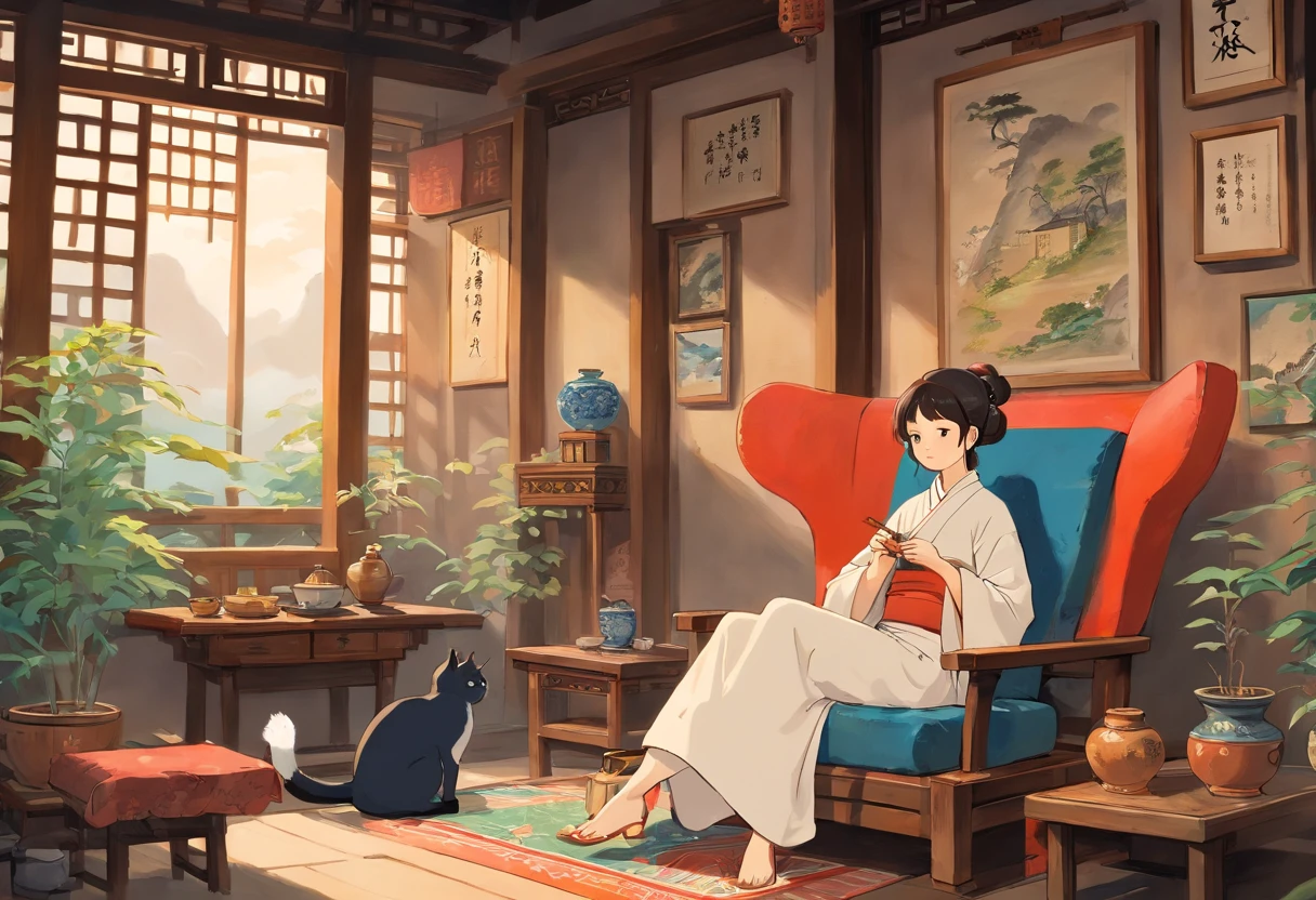 A woman sits in a chair,Weaving cloth,There is a painting of a cat next to it, an ultrafine detailed painting by Qu Leilei, Instagram, Modern European ink painting, old chines painting, traditional painting, chinese artist, Chinese style painting, Traditional Chinese painting, chinese water color, Chinese painting, Old painting style, Traditional Chinese Ink Painting, China ink painting