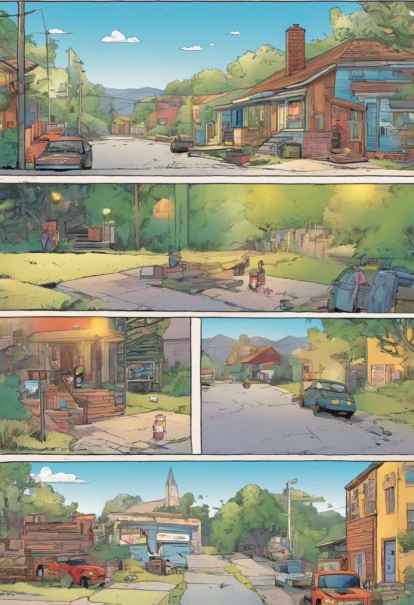American comics, The comic story is presented in multiple irregular panels with color. American Shorthair Cat Struggles as He runs away from home and then reunites with his owner. El estilo es exagerado y detallado