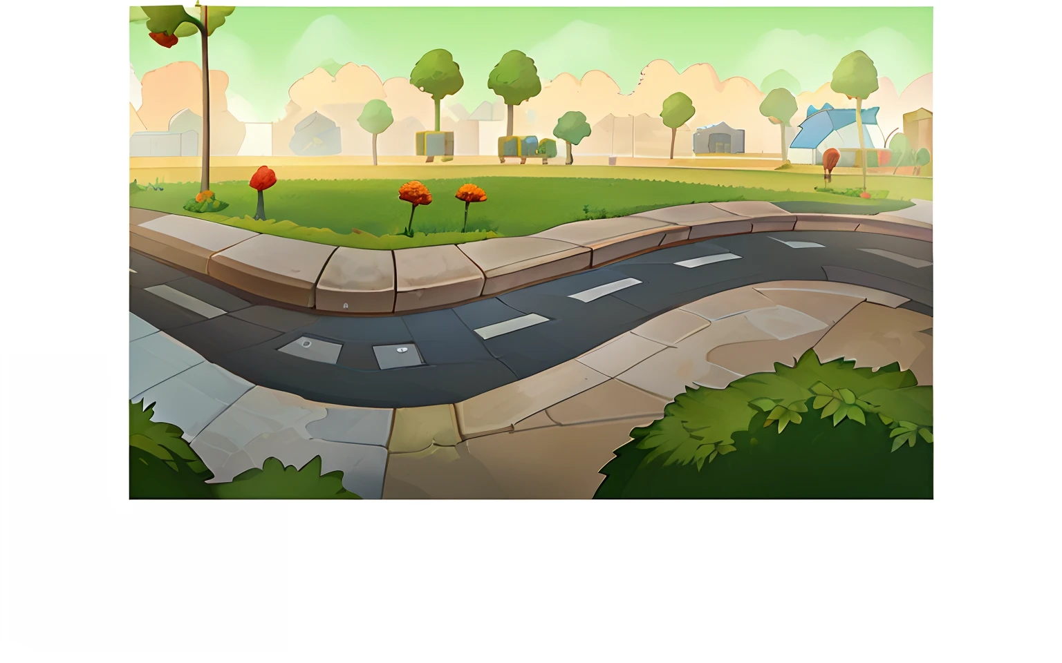 Plants vs. Zombies game style，Plants vs. Zombies game style park long road，Cartoon pictures of Plants vs Zombies game style, 2 D game art background, 2d game background, Mobile game background, Park background, arte de fundo, background artwork, Street background, city street view background, 2d game environment design, game background, videogame background, 2d game asset, random background scene, 2d game asset