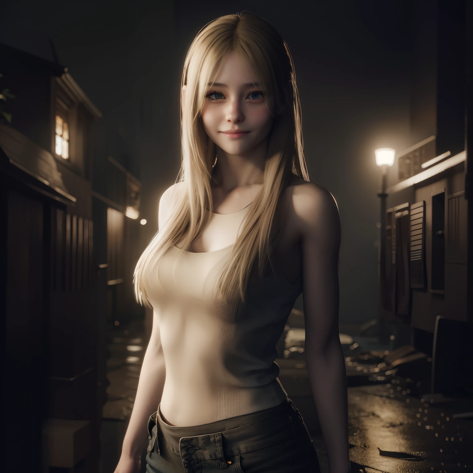 Best quality, little smile, long blonde hair, white tanktop, brown tight jeans, shy expression, by unreal engine