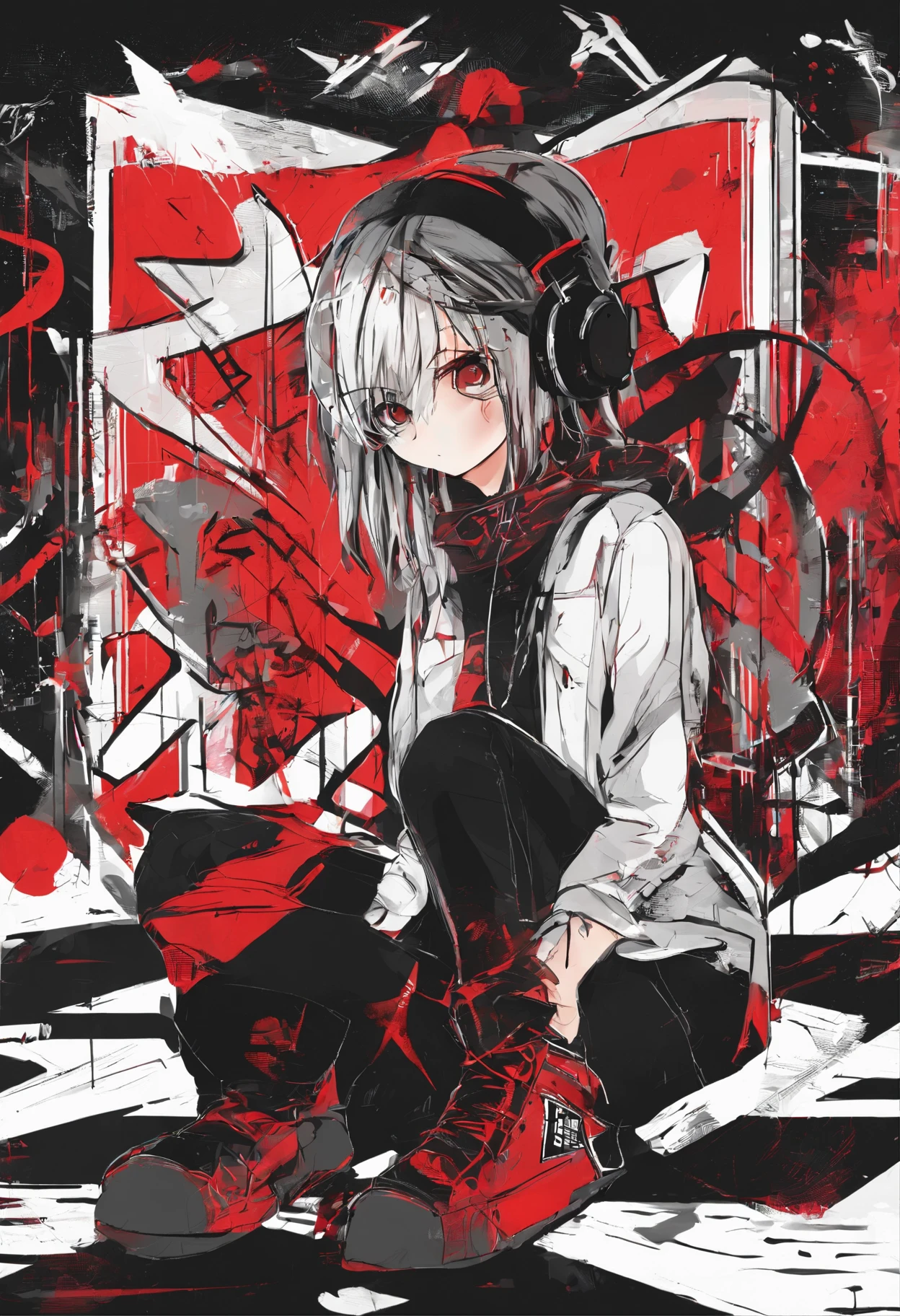 (Best quality,4K,A high resolution), An 18-year-old female,Drum,drummer, Drumming,Drumming,Red net hair on black hair, long whitr hair,hair straight,Cool woman,sharp eye,Cold eyes,Well-drawn illustrations,Realistic representation,Music studio background,Gothic Atmosphere,Visual kei,Oversized rock 'n' roll T-shirt,Positioning pin pin feel,red necklace,Tight pants,razor,Cross band