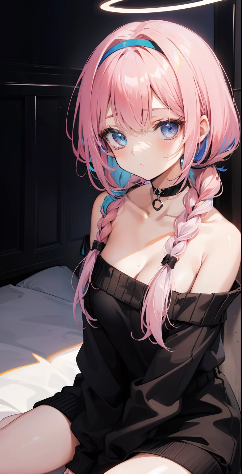 1girl, alternative costume, arona \(blue file\), bangs, bare thick legs, bare big thighs, bare shoulders, black choker, black hairband, black sweater, blue eyes, blush, braid, choker, collarbone, inner hair colorful, hair over one eye, hair ribbon, hair band, halo, long hair, long sleeves, looking at viewer, multicolored hair, off-the-shoulder sweater, off-the-shoulder, pink hair, single braid, sitting, alone, sweater, Wariza, white background, white hair, arms raised, ((very sleepy))