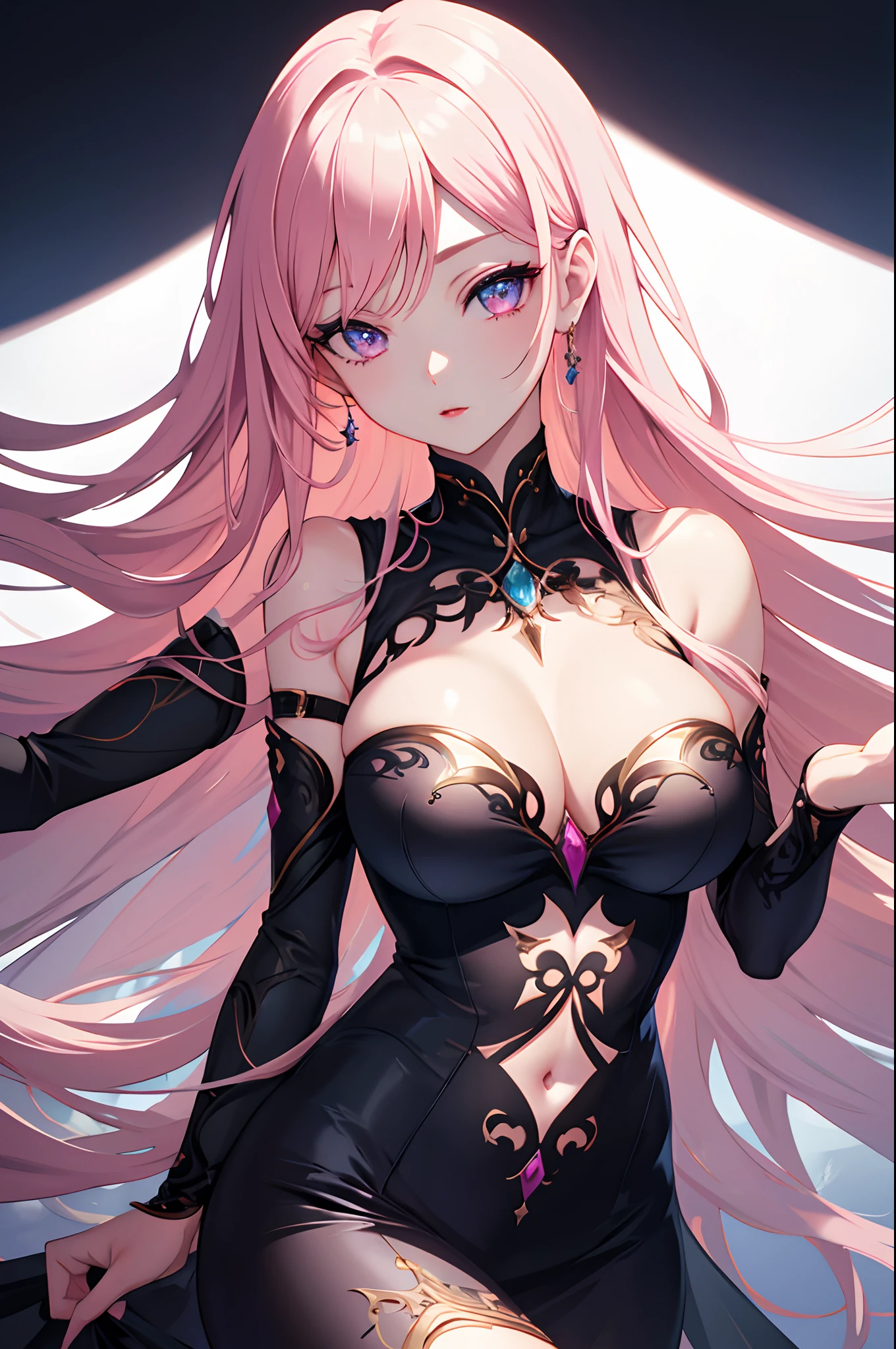 1girl, anime, cute girl, blank background, white background, fantasy, detailed dark fantasy dress with highlights, beautiful face, beautiful eyes, dark colors, long pink hair, medium breasts, slight cleavage, beautiful skin, cute, breast curtains, extremely delicate and beautiful, (beautiful detailed face:1.0), (detailed deep eyes), symmetrical breasts, deep eyes, shiny skin, portrait, slender waist, hips wider than shoulders, thighs, young girl, expressionless