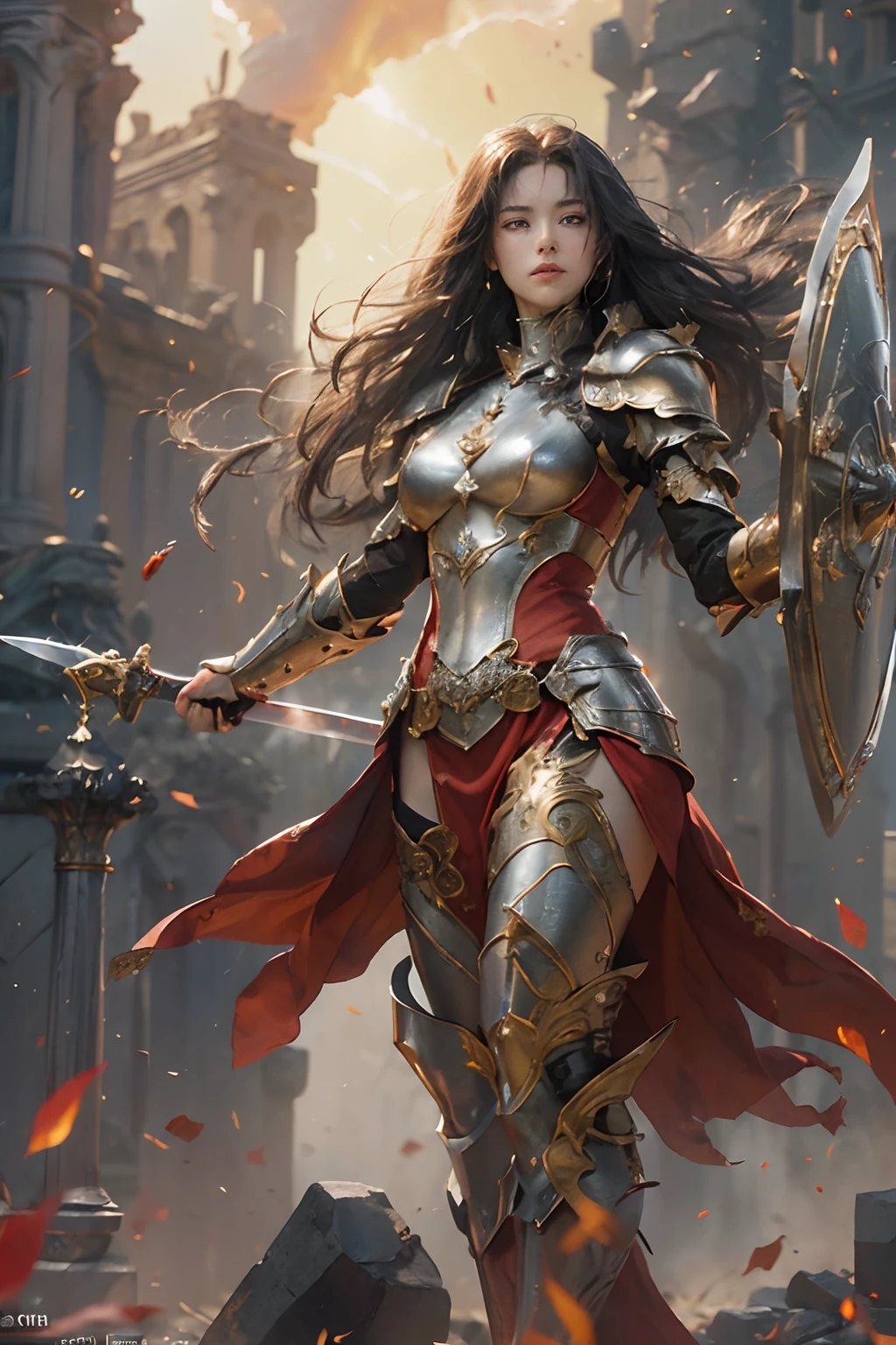 "(best quality: 1.2), masterpiece, extremely detailed 8K UHD, ((Official art)), cg, 1 super detailed goddess of war, Stand majestically on the ruins of fallen empires, (Dynamic posture: 1.3), Detailed armor reflects the heart of conflict, (Fine detail), Radiant light, Powerful light area, (Armor of historical significance:1.2), Metallic glittering armor, (Magic symbols shine on armor:1.3), (Magical magic swirled around her:1.3), Long black hair in detail fluttering in the wind, Holding a detailed weapon, (Sharp sword, radiant:1.3), Shining eyes full of determination and vision, ((Silver armor)), Super detailed shield bearing the steadfastness symbol, (intense expression:1.1), (behind her, New empires are rising to the sky: 1.4), (The light emphasizes her dominance and the rebirth behind:1.4), (The fiery red flag flew:1.1), (The wind brings with it the whisper of new beginnings:1.1), (Wisdom and rebirth:1.2), (strong stance:1.2), (Overwhelming mystical power:1.2), solo, (sparkling sweat:1.1), armor decorated with jewelry, (The Contrast of Silver and Gold:1.3), (The overall red color covers the scenery:1.4)"