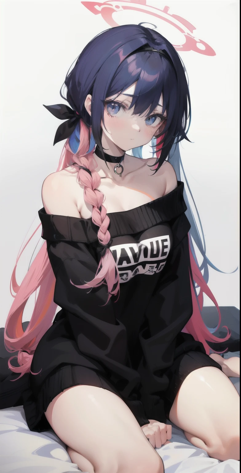 1girl, alternative costume, arona \(blue file\), bangs, bare thick legs, bare big thighs, bare shoulders, black choker, black hairband, black sweater, blue eyes, blush, braid, choker, collarbone, inner hair colorful, hair over one eye, hair ribbon, hair band, halo, long hair, long sleeves, looking at viewer, multicolored hair, off-the-shoulder sweater, off-the-shoulder, pink hair, single braid, sitting, alone, sweater, Wariza, white background, white hair, arms raised, ((very sleepy))