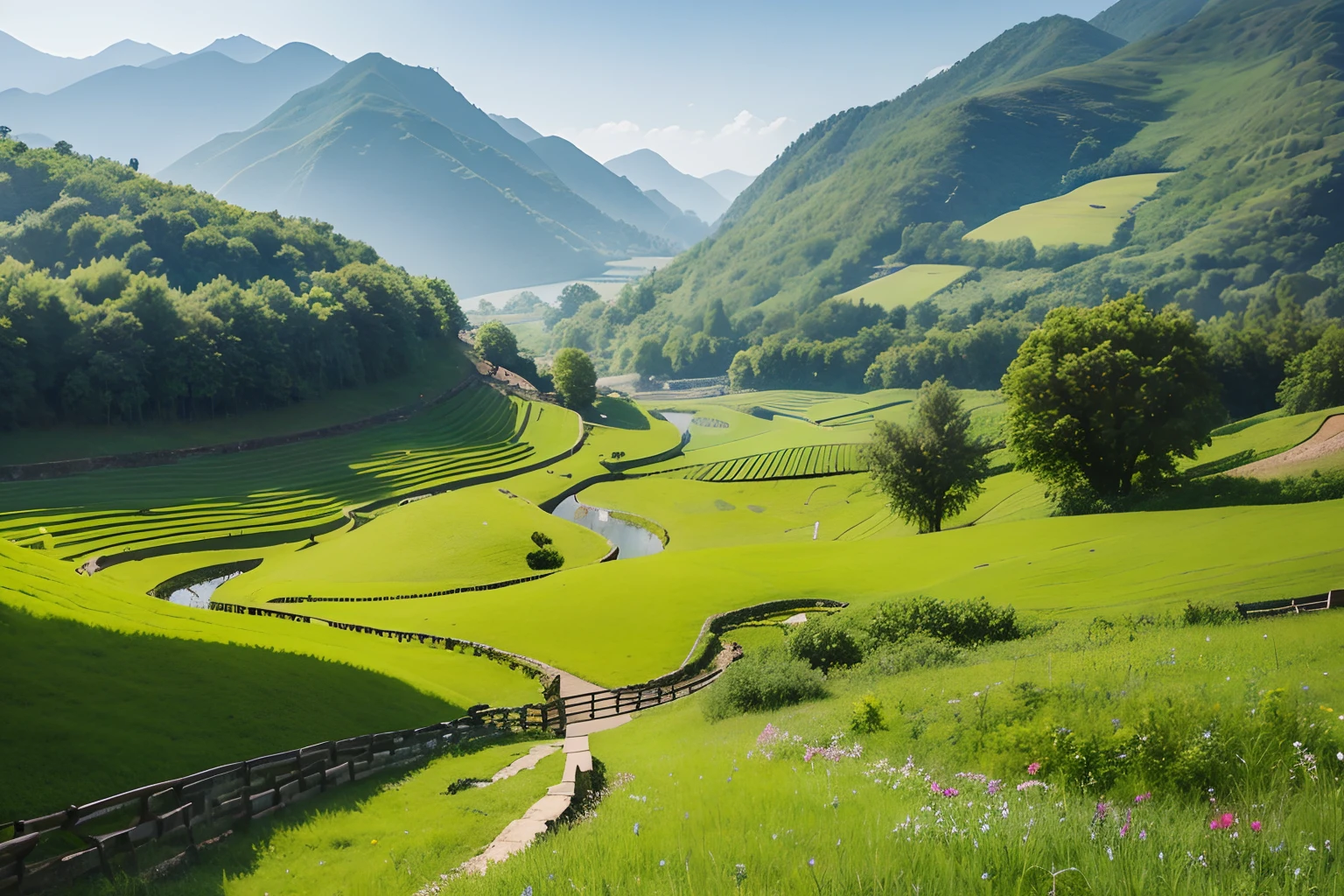 Beautiful countryside,Healing landscape landscapes,There is a Zhuang flavor,illustration
