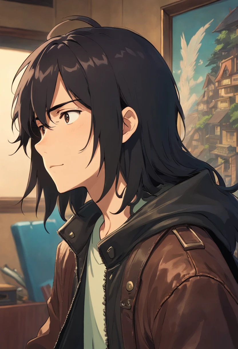 boy with a long black hair, face, black, minimalist, simple, clumsy, tired, leather jacket, studio ghibli