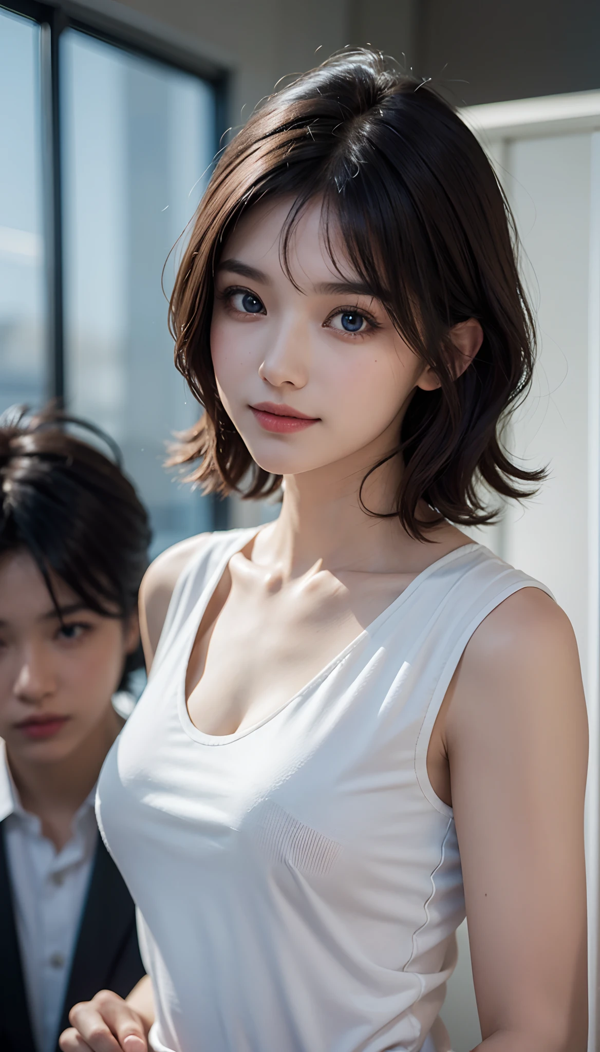 ((Girls at idle level)), masterpiece, The highest image quality, ultra-detailliert, (perfectbody:1.5), (Perfect face+dishevled hair+Short curled hair), Close up of, Viewer's Perspective, She bent and lowered her body to match the gaze of the audience。detailed hairs,ssmile、Detailed eyes(realisticeyes),profetional lighting,Beautiful breasts,(Blue Eye),Tight black suit,white shirt,((dark brown hair)),ssmile