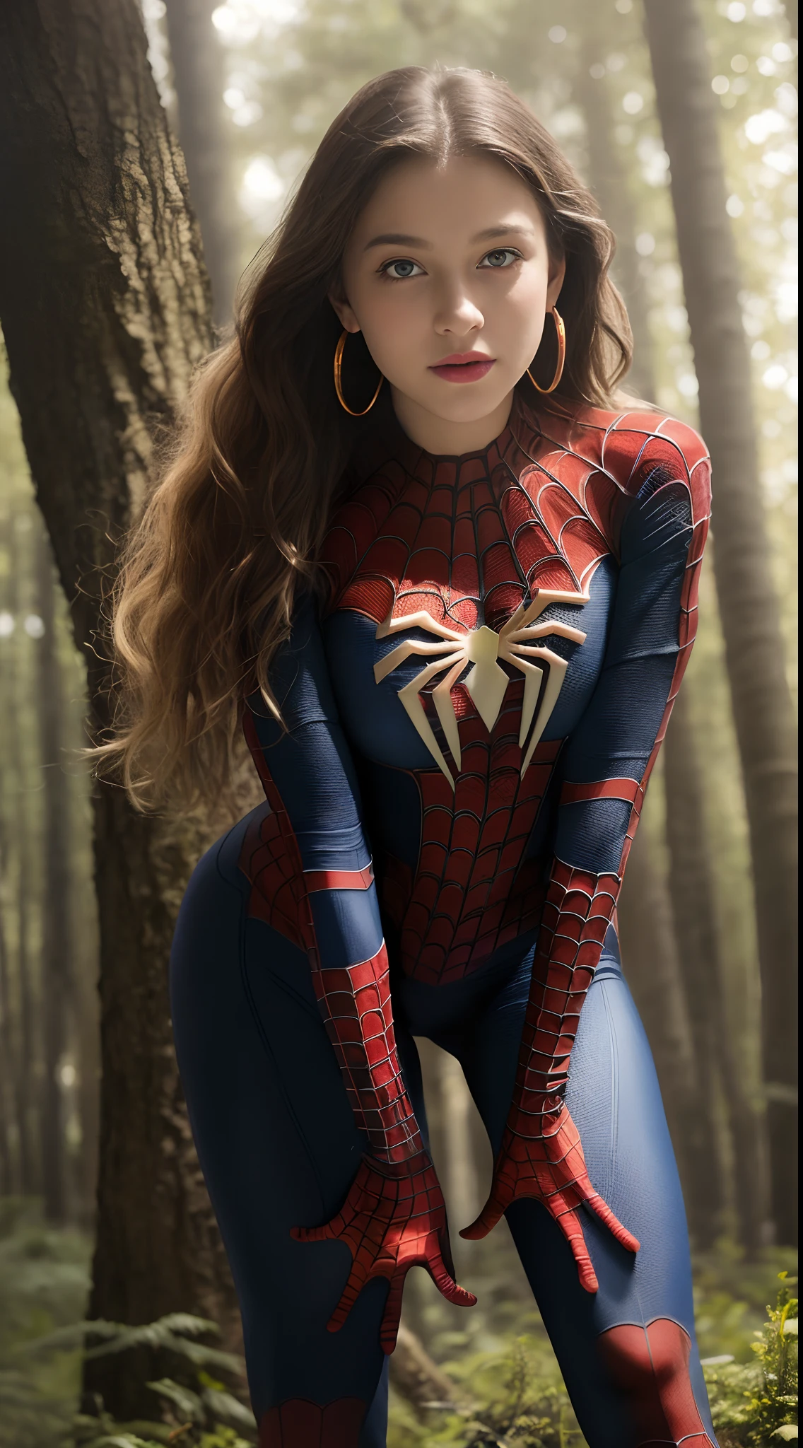 ((Pre-teen in spiderman uniform)), beautiful girl, model body, big blue eyes, small breasts, long legs, medium hoop earrings, spiderman uniform, tiny pleated skirt, ((adult pantyhose thread 20 black)), low angle shot, very white skin, long hair, wavy hair, blonde hair, school in the forest, classroom, photorealistic, indirect lighting, volumetric light, specular light, ray tracing, hyperdetailed, best quality , ultra-high resolution, HDR, 8k, soft focus, fog