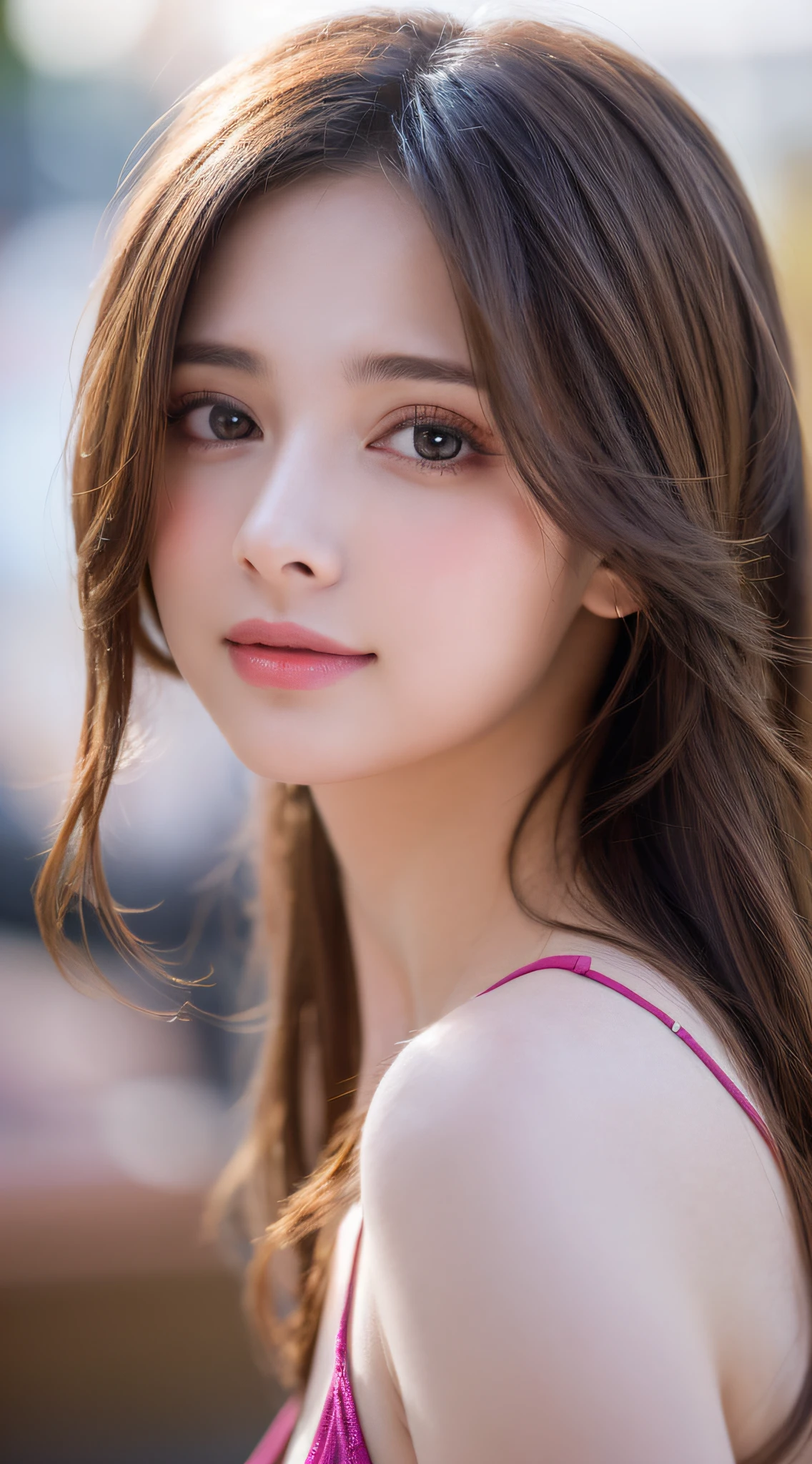 Realistic:1.2,masterpiece,highest quality，8k,((One Woman)),20-year-old,Tight waist,String,Perfect Anatomy, Brown Hair, Wavy Hair,Random Hairstyles,Big beautiful breasts,((Highly detailed face and eyes))(Cute Face:1.4)，Beautiful actress face，Perfect golden ratio face，Random sexy poses，smile、Women&#39;s Suitini skirt、garter belt、Buckshot