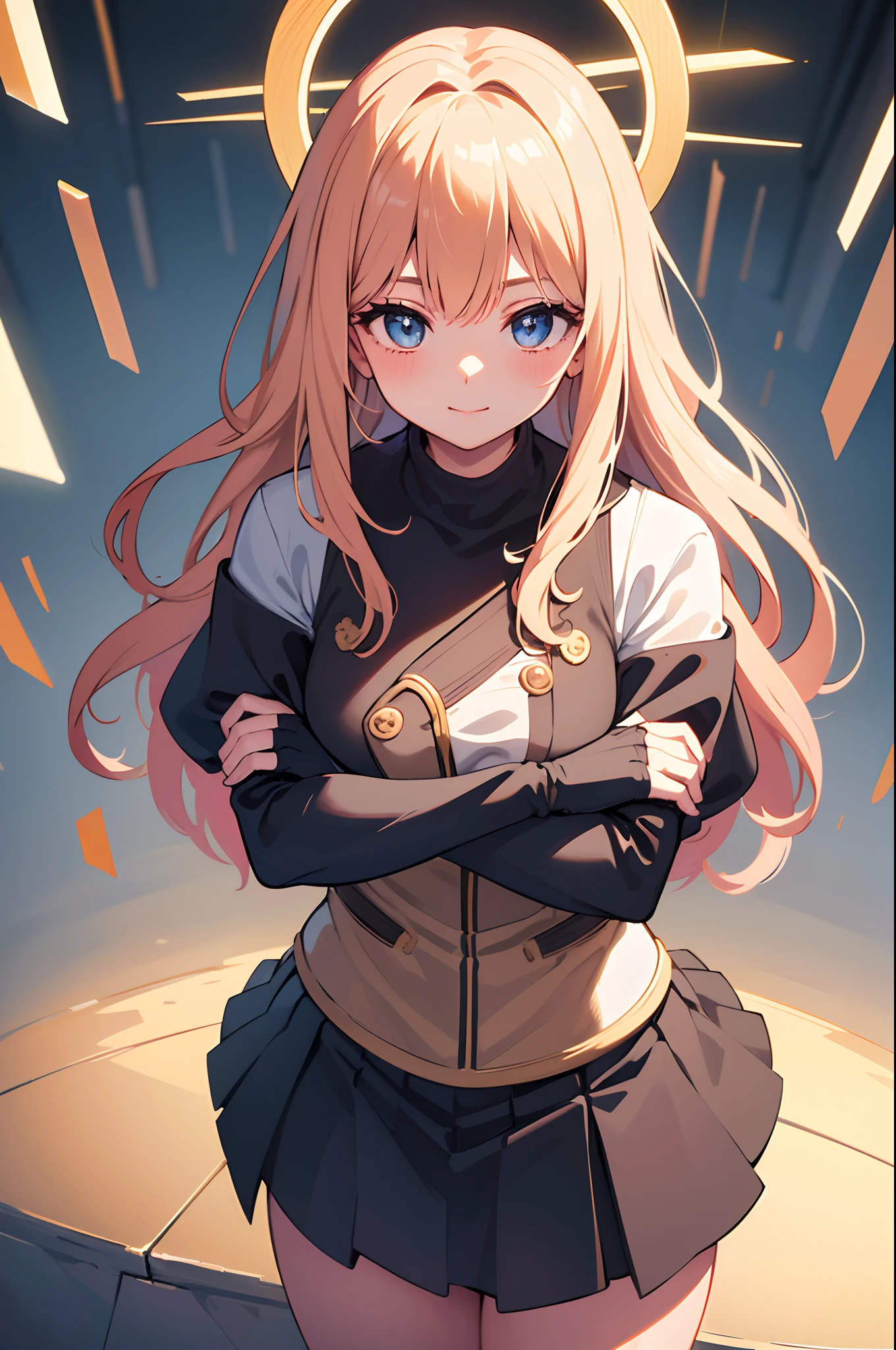 (((masterpiece))), 4k res, highly detailed, (((extremely detailed eyes))), detailed background, cinematic lighting, crystal clear eyes, high quality, highres, ultra-detailed, 8k, best quality, 1girl, solo, shadow, backlighting, light particles, Thick Eyelashes, Wide Sleeve, thick thighs, (masterpiece:1.3), (the best quality:1.2), (super fine illustrations:1.2), (Masterpiece), high quality, high detail,(SOLO:1.4),((round image)), 1girl, smile, blush, closed mouth, thick, medium breasts, from above, fingerless gloves, thick thighs, cowboy shot, crossed arms,