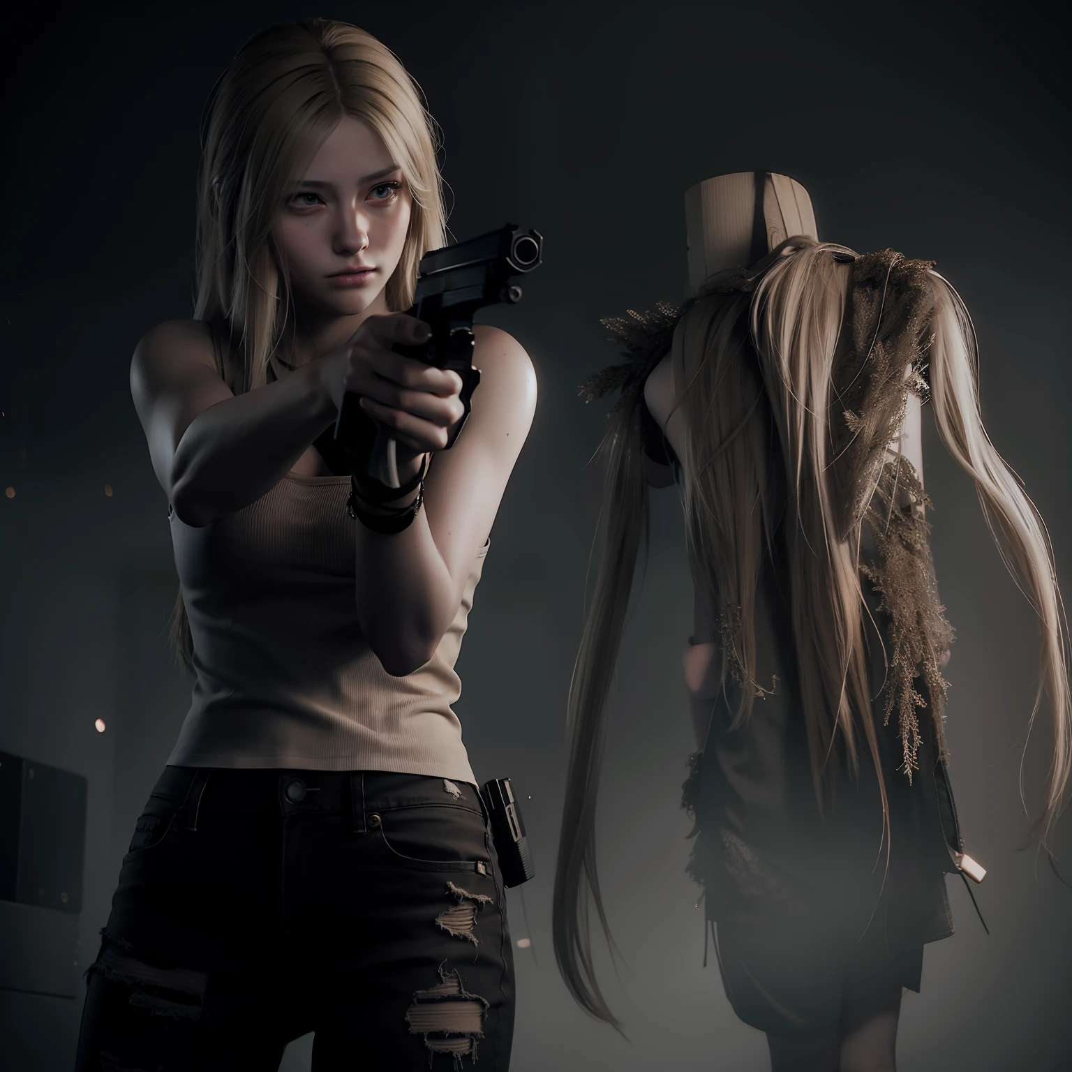 Best quality, long blonde hair, white tanktop, brown tight Jeans, holding a gun, glare expression, by unreal engine