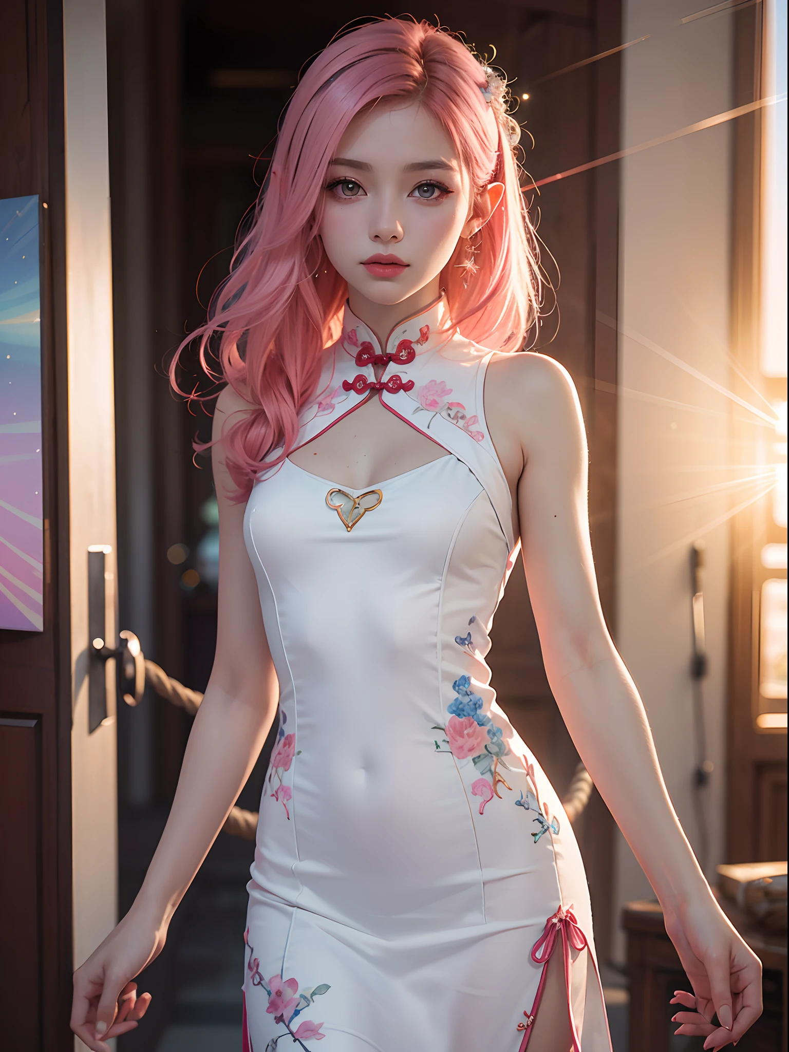 Unbeatable masterpiece, Ultra photo realsisim , Perfect artwork , Intricate details , Best quality , Strong light , High contrast , Dynamic pose , Dutch angle , (Blurry, Depth of field, blurryforeground:1.35) , A girl wears a white cheongsam with a high slit,Side tied up,Cropped porcelain dress, The chest of the cheongsam is hollow, You can see the, The cheongsam is fastened with ropes on both sides, wearing white pantyhose, Blue clear crystal high heart, Walk in the art gallery, Art gallery with pink hair and elegant hair, The beauty of art is annoyance,Pink hair,Pink eyes,elf, Pointy ears, (Starlight,Sunset , Lens flare:1.25) ,
