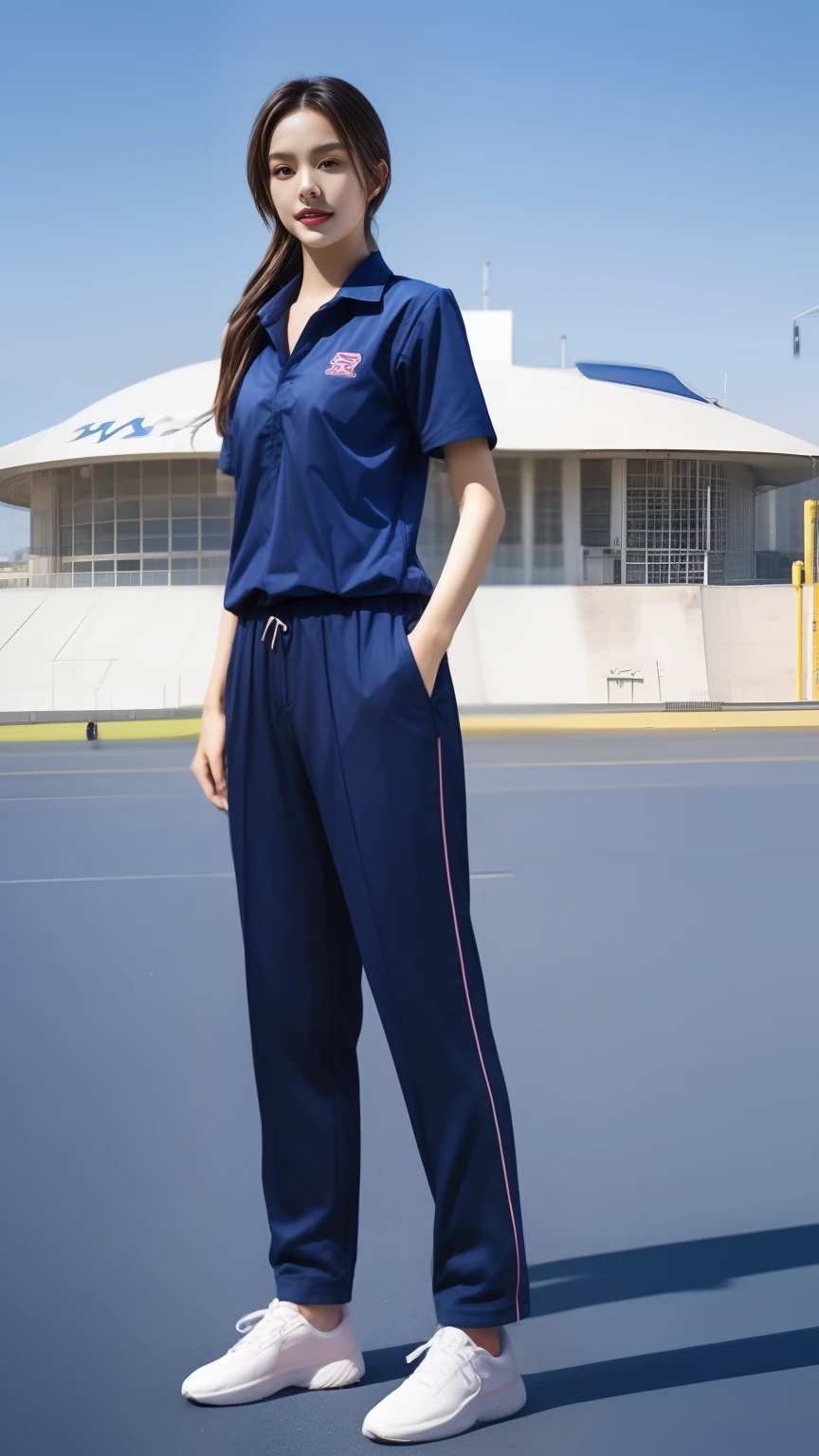 (bestquality,10,10,highres,masterpiece:1.2),ultra-detail,(Realistic,photorealistic portrait,photo-realistic:1.37),1 Cute girl in the football field,oily shiny skin,bara,light smile,BDclothes,((blue shirt:1.3)),short sleeves,shirt, trousers.,(navy_long_Pants Track:1.1), ((Stadium Background:1.3)),dynamic angle,excited,face focus,Dynamic Poses,from behide,Ass Focus,masterpiece, bestquality, ultra realistic, hyper-detail, 8k resolution, RAW photo, crisp focus, ((Navy blue shirt:1.1)), short sleeves, Long Path, Perfect body, 2 mature women, 18yo, cinematic light,Blue sweatpants,Gymware,Correct anatomy,Complete body, Correct body, sharp face, Anatomically correct body, full entire body, Realistic gestures, long-haired, Realistic poses,Wear long shorts..............,Long leg span,Shapely,Sculpting Girl, Slender Figure, mannequin mannequins, Shapely, Beautiful body,Blue sweatpants